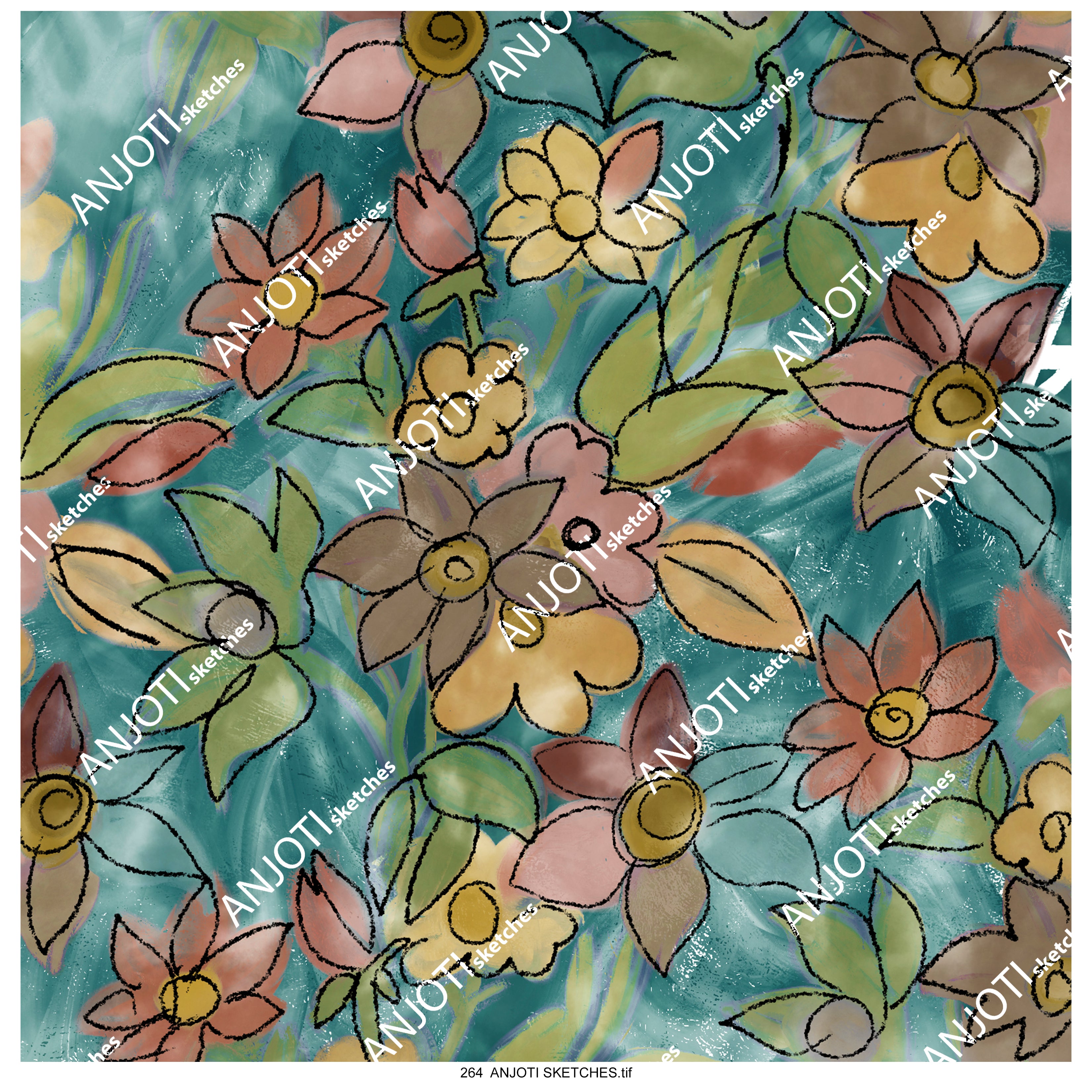 ANJOTI SKETCHES 264 Vibrant Floral Geometric Abstract Wall Art with Unique Texture Background Effects
