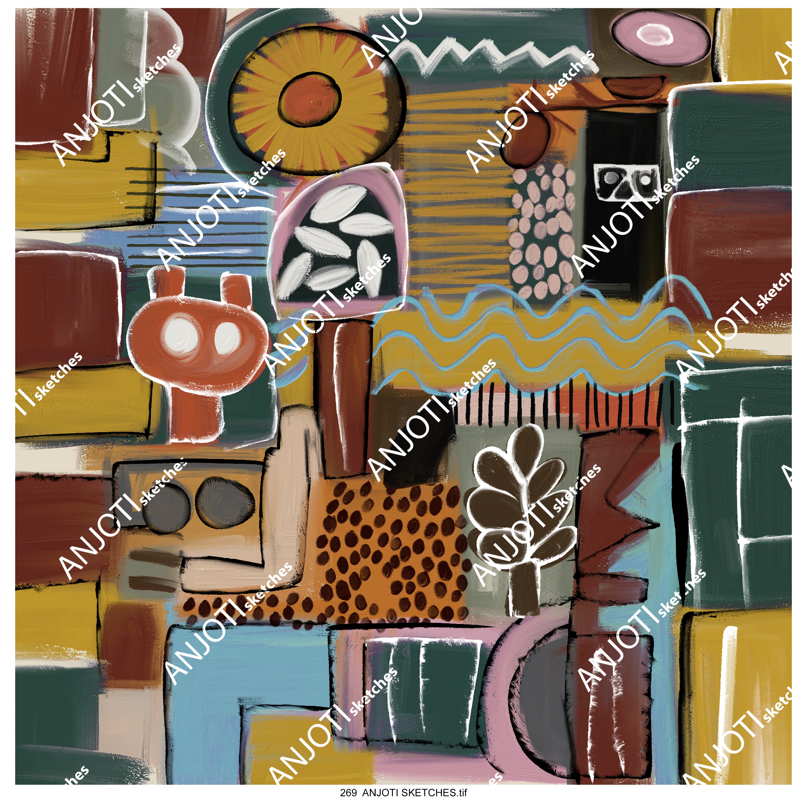 ANJOTI SKETCHES 269 Transform Your Walls with Floral Geometric Multicolor Texture Background Art