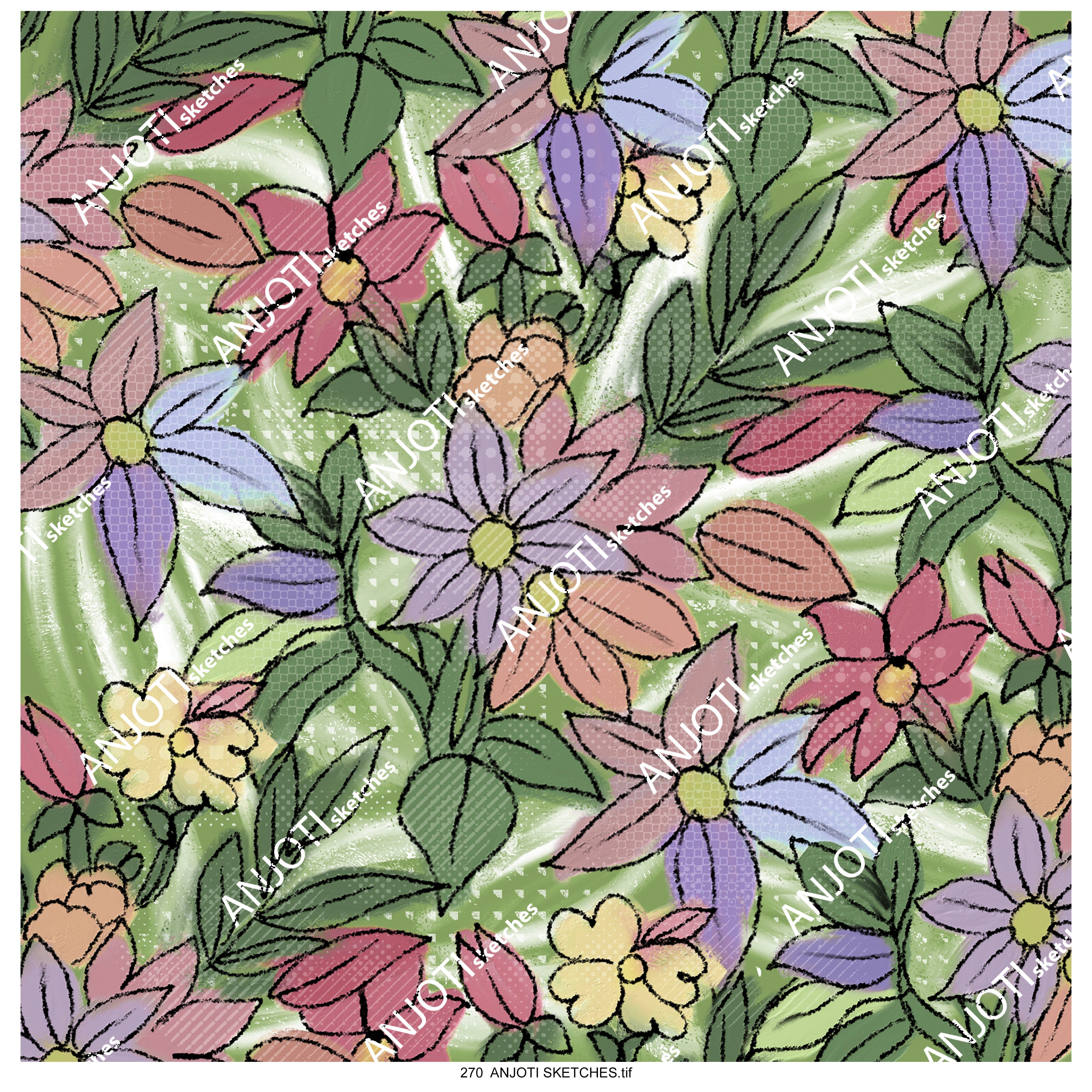 ANJOTI SKETCHES 270 Floral and Geometric Abstract Wall Art with Textured Multicolor Backgrounds