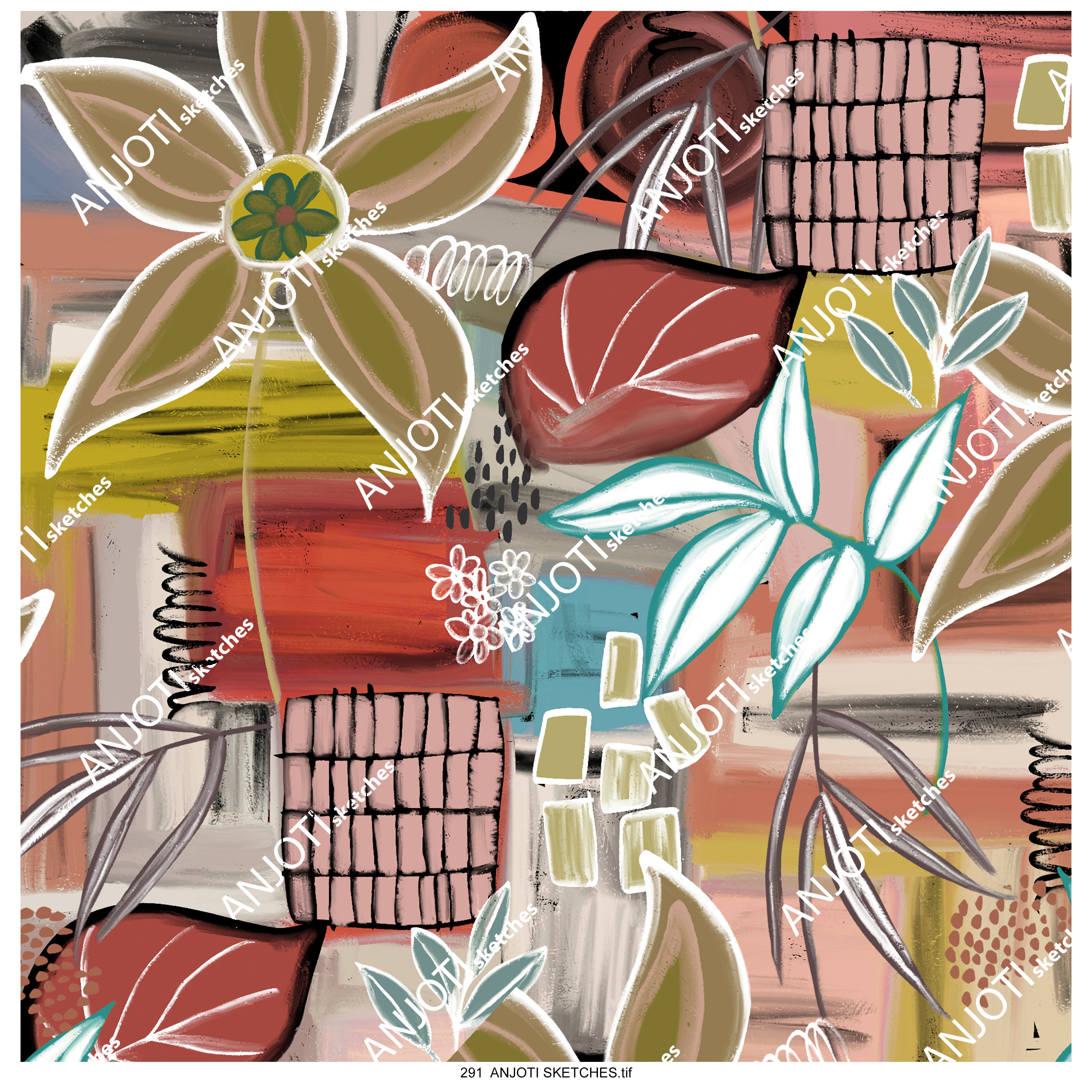 ANJOTI SKETCHES 291 Multicolor Floral Geometric Texture Backgrounds in Abstract Wall Art