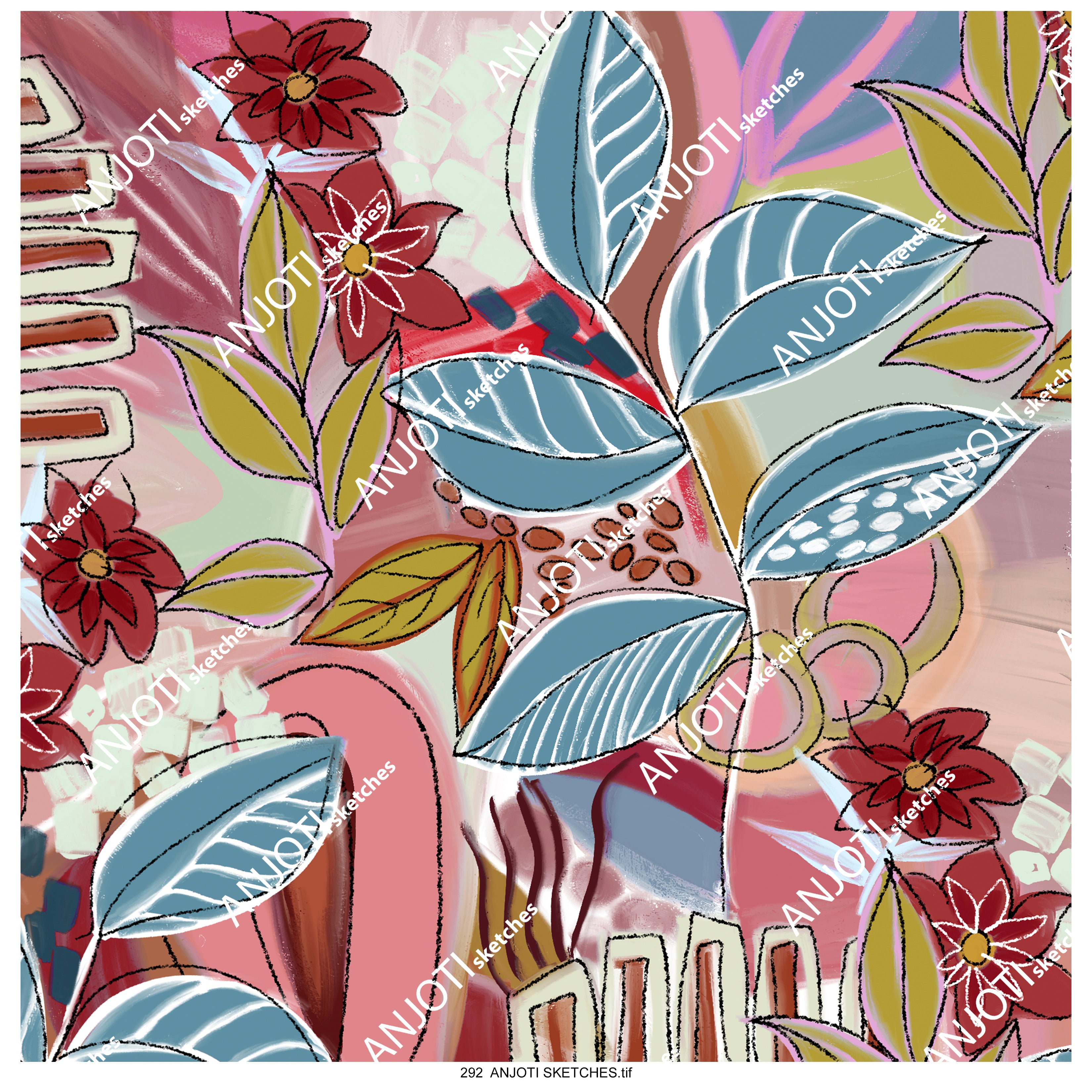 ANJOTI SKETCHES 292 Vibrant Floral and Geometric Abstract Wall Art in Multicolor Textures