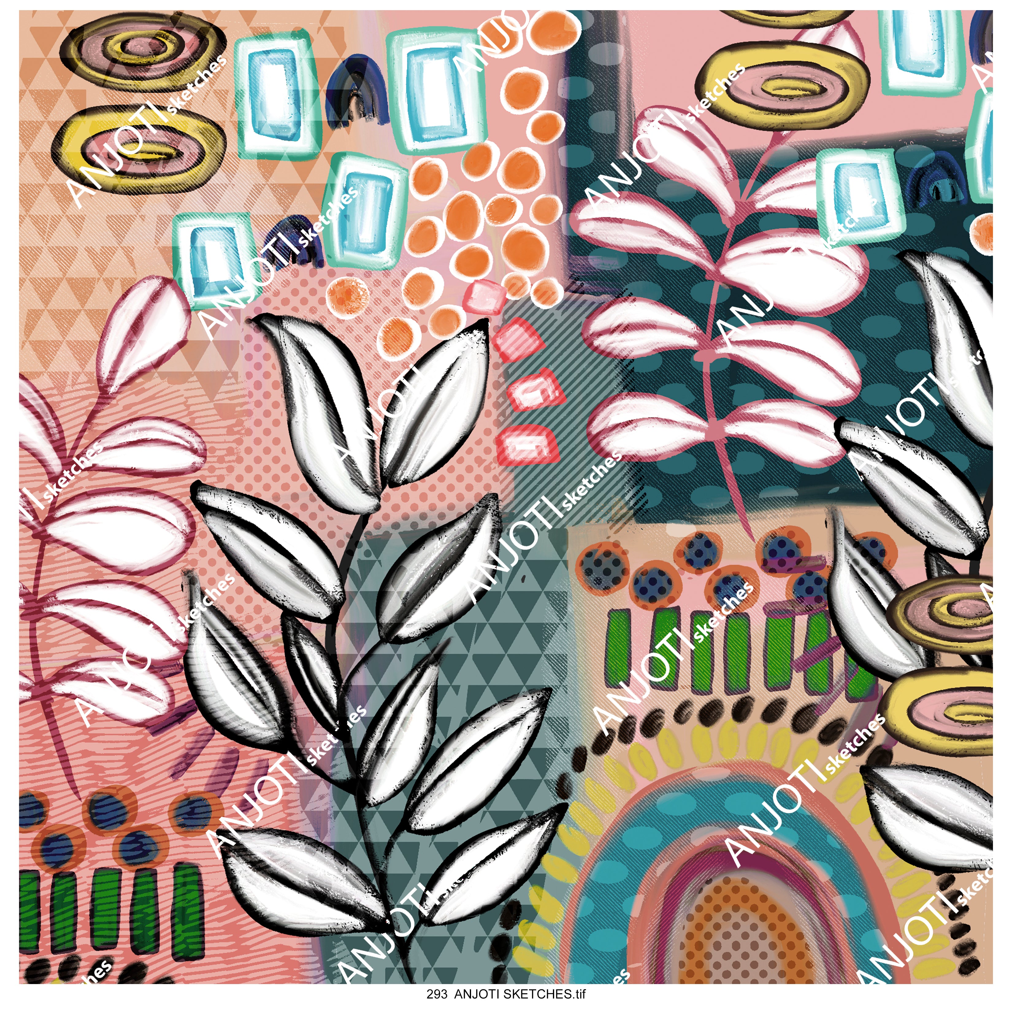 ANJOTI SKETCHES 293 Create Unique Spaces with Floral Geometric Abstract Wall Art in Multicolor