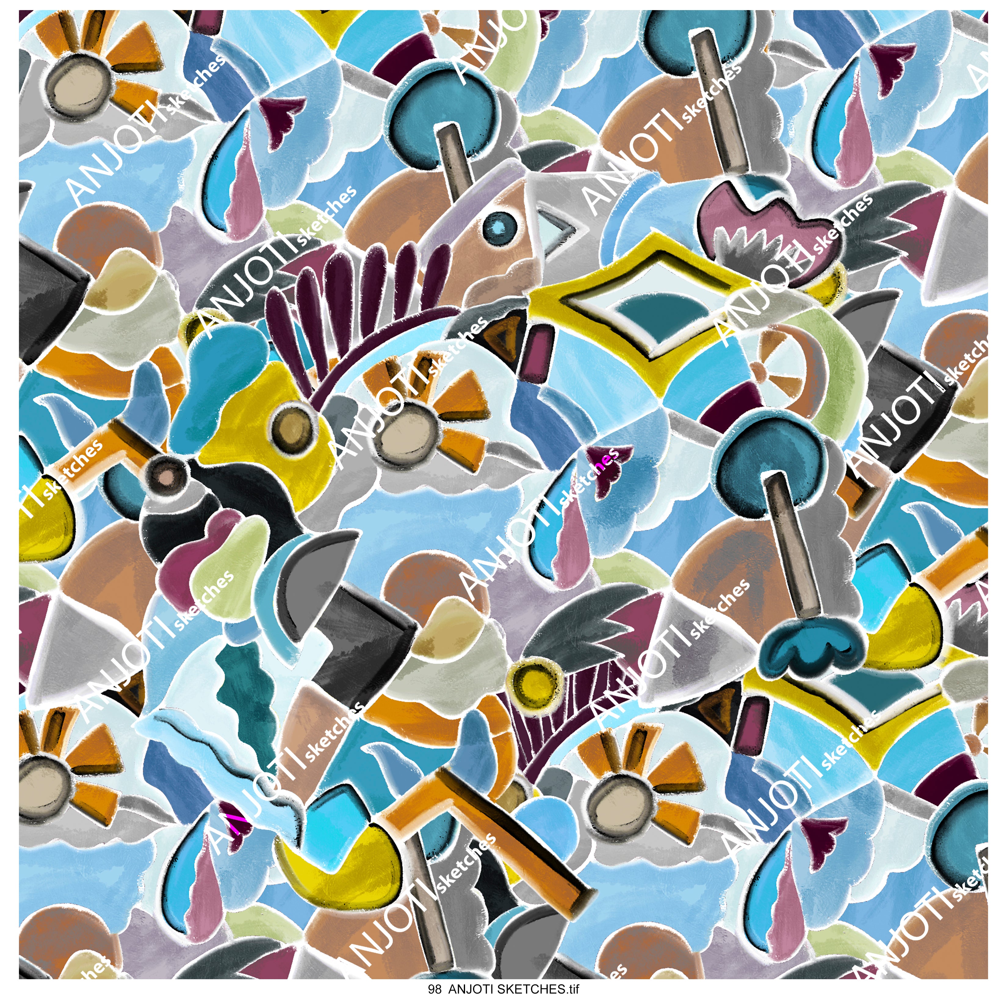 ANJOTI SKETCHES 98|Multicolor Texture Background Abstract Wall Art in Floral Geometric Designs