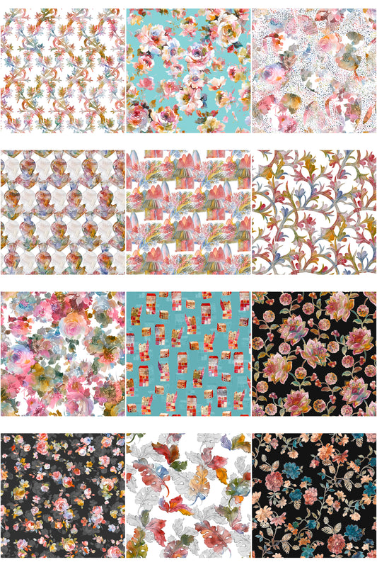 Collection of floral and nature-themed fabric swatches in various patterns.