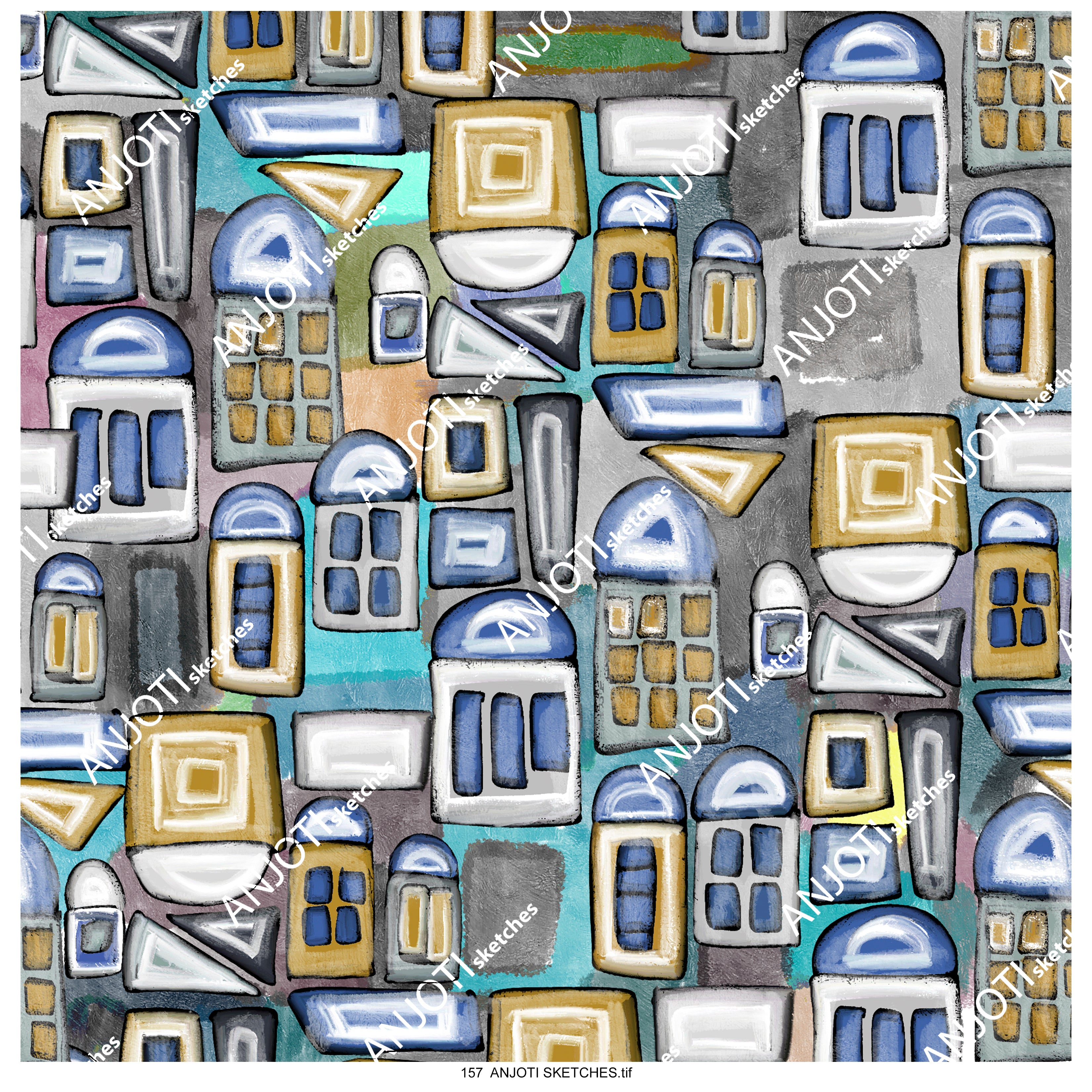 ANJOTI SKETCHES 157|Floral Abstract Wall Art with Multicolor Geometric Texture Background Effects