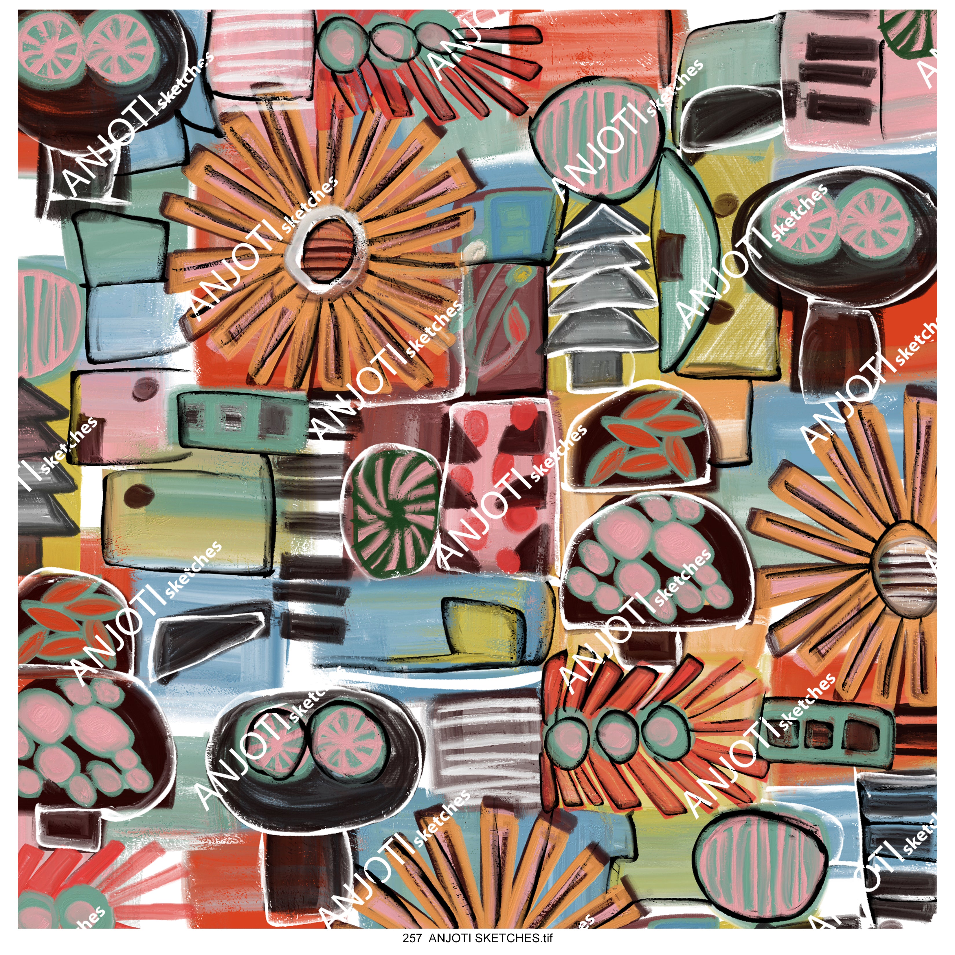 ANJOTI SKETCHES 257 Floral Abstract Wall Art with Multicolor Geometric Texture Background Effects