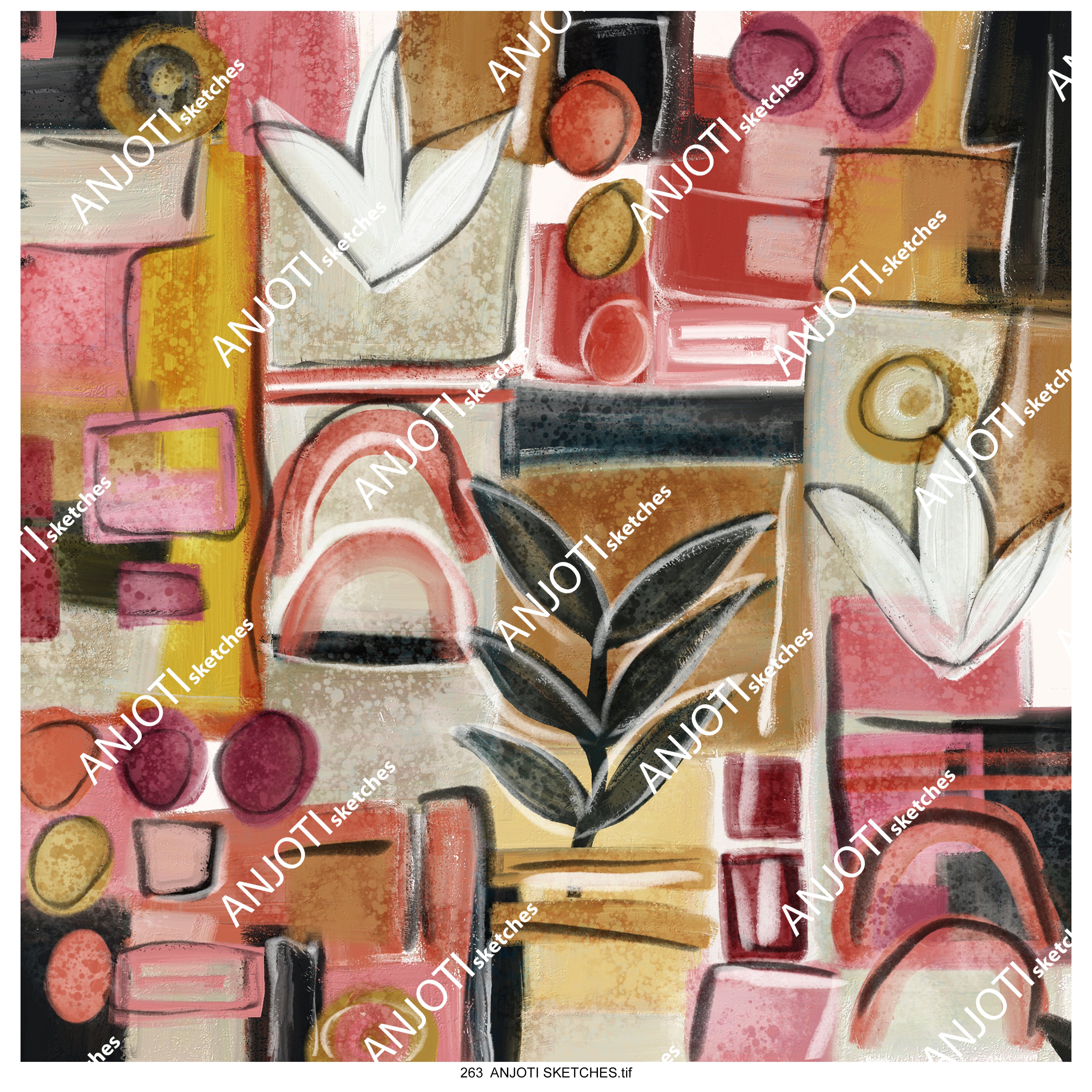 ANJOTI SKETCHES 263 Modern Abstract Wall Art with Floral and Geometric Multicolor Texture Backgrounds