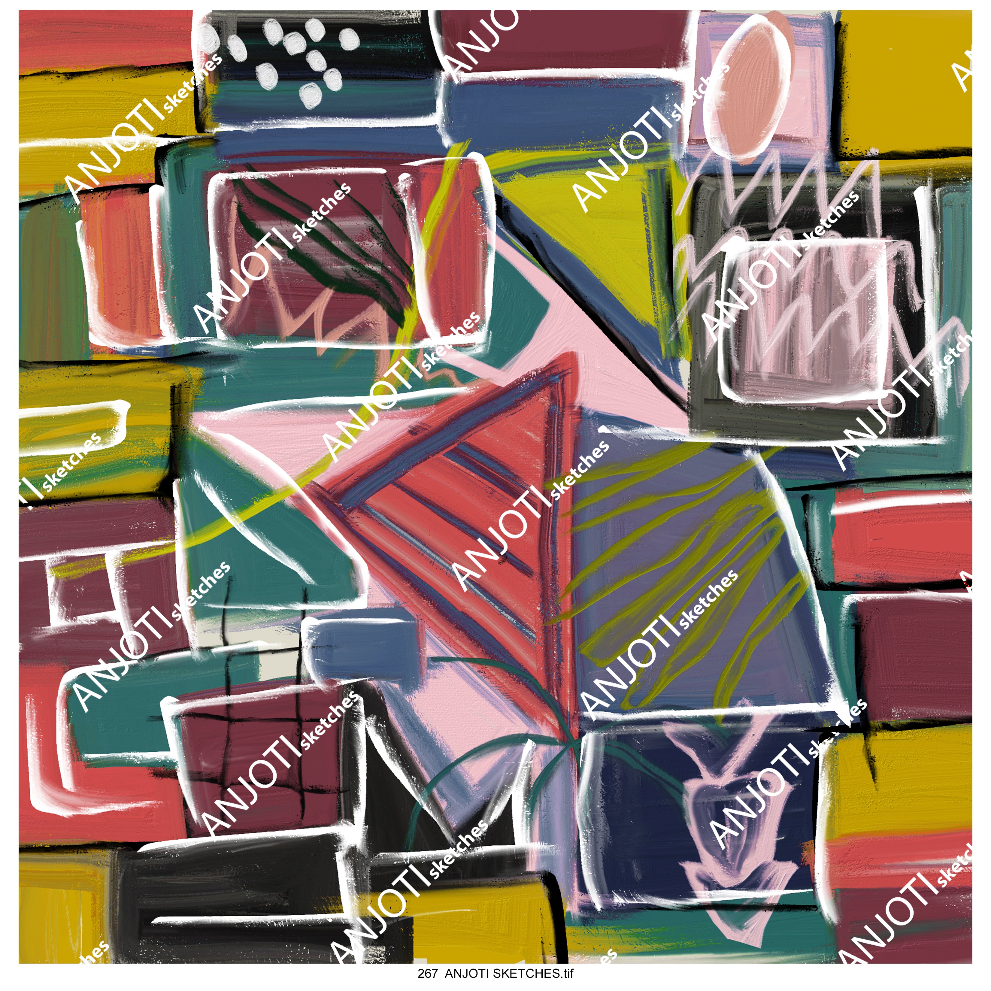 ANJOTI SKETCHES 267 Multicolor Texture Background Abstract Wall Art with Floral and Geometric Designs