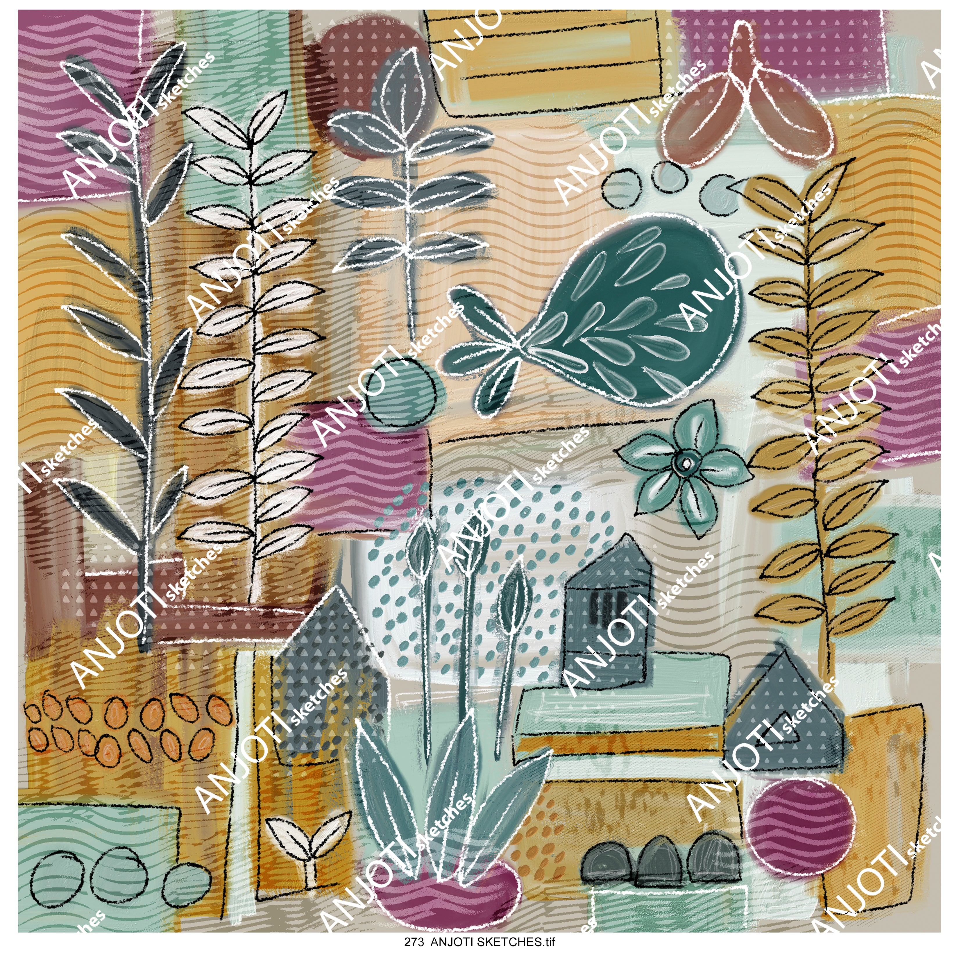 ANJOTI SKETCHES 273 Abstract Wall Art with Multicolor Floral Geometric Texture Backgrounds