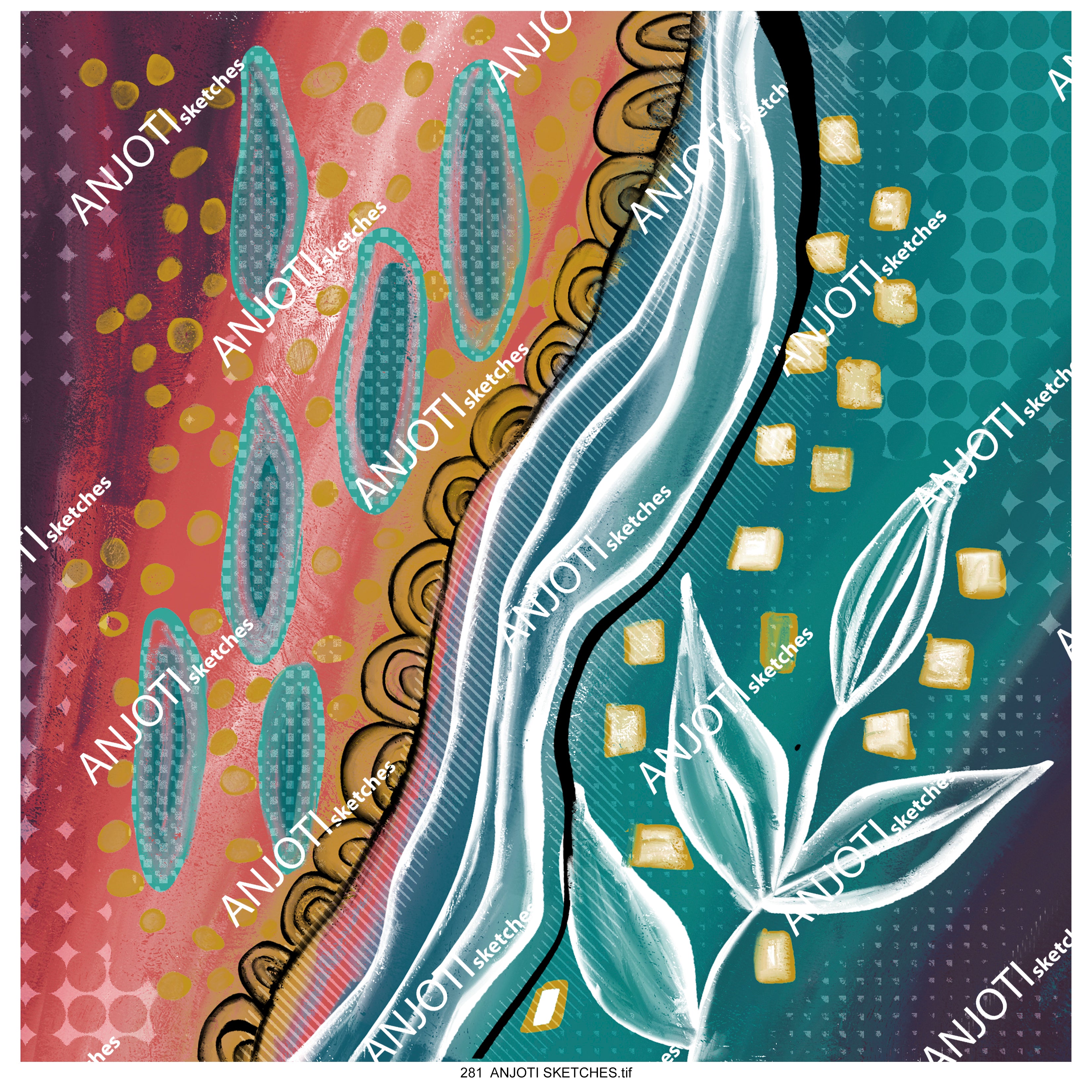 ANJOTI SKETCHES 281 Floral and Geometric Abstract Wall Art with Bright Multicolor Texture Effects