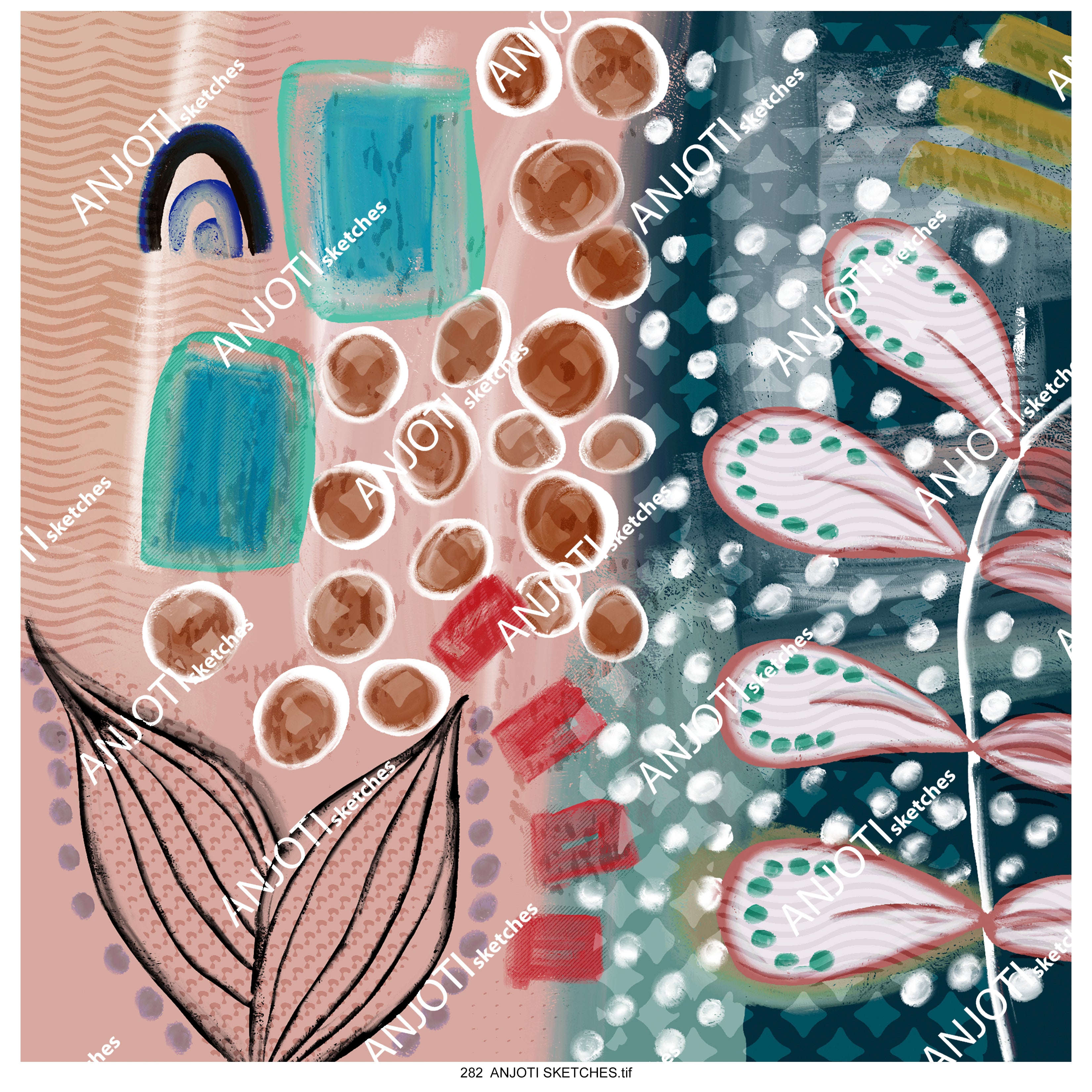 ANJOTI SKETCHES 282 Fresh Floral Geometric Abstract Wall Art in Unique Multicolor Texture Backgrounds