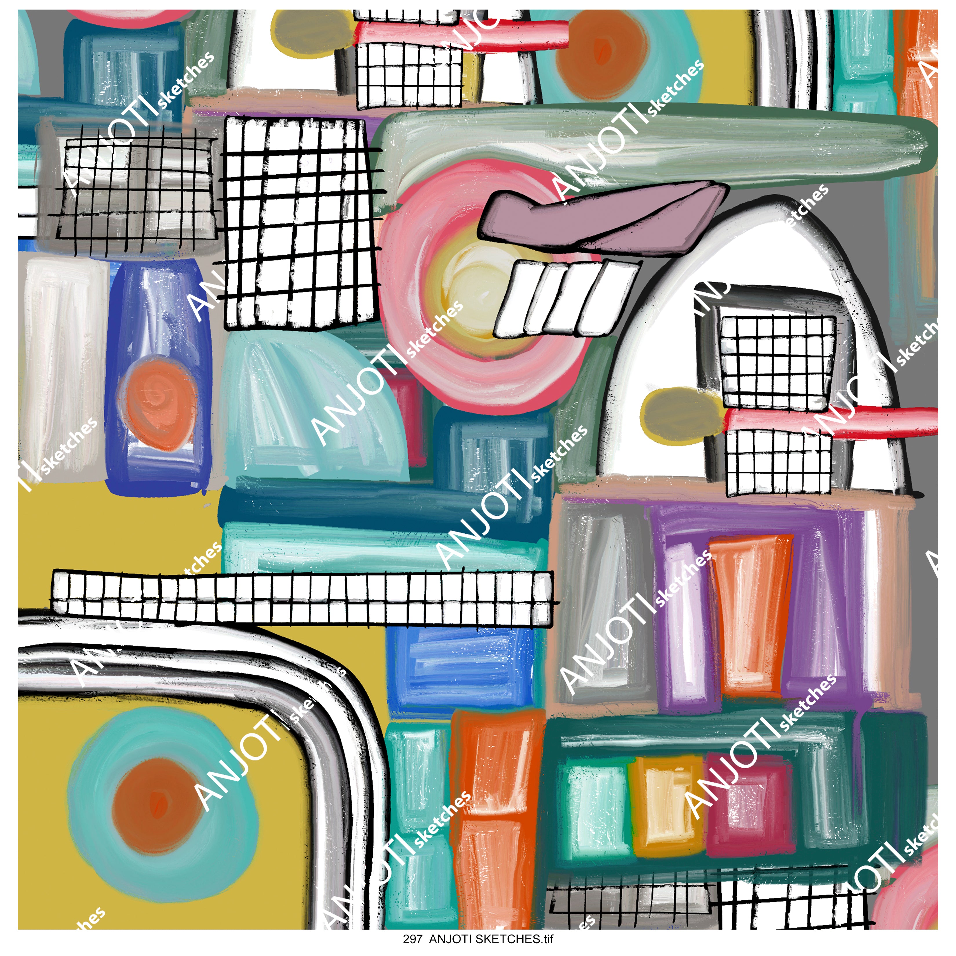 ANJOTI SKETCHES 297 Floral Geometric Abstract Wall Art with Beautiful Multicolor Texture Backgrounds