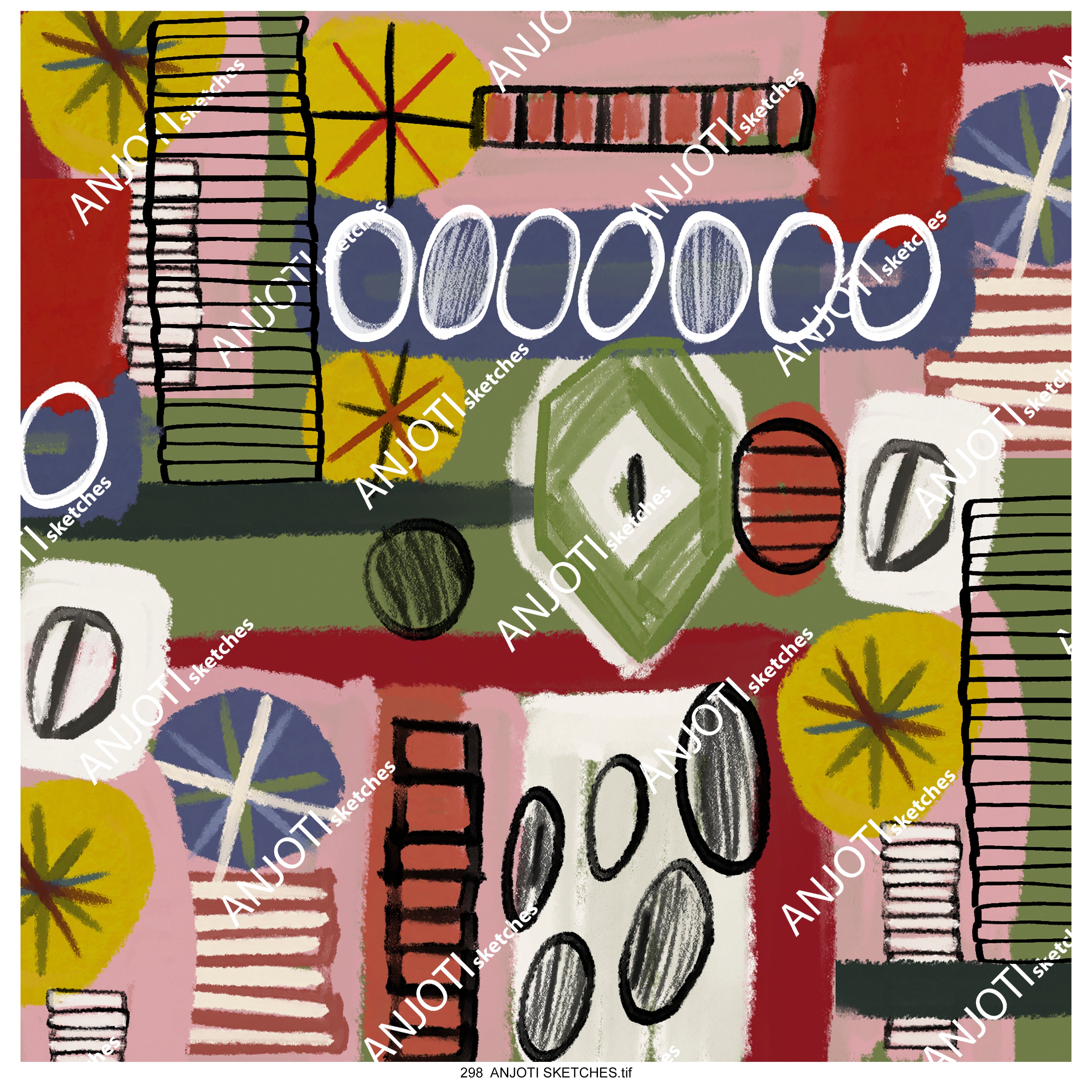 ANJOTI SKETCHES 298 Multicolor Texture Background Abstract Wall Art in Floral Geometric Designs