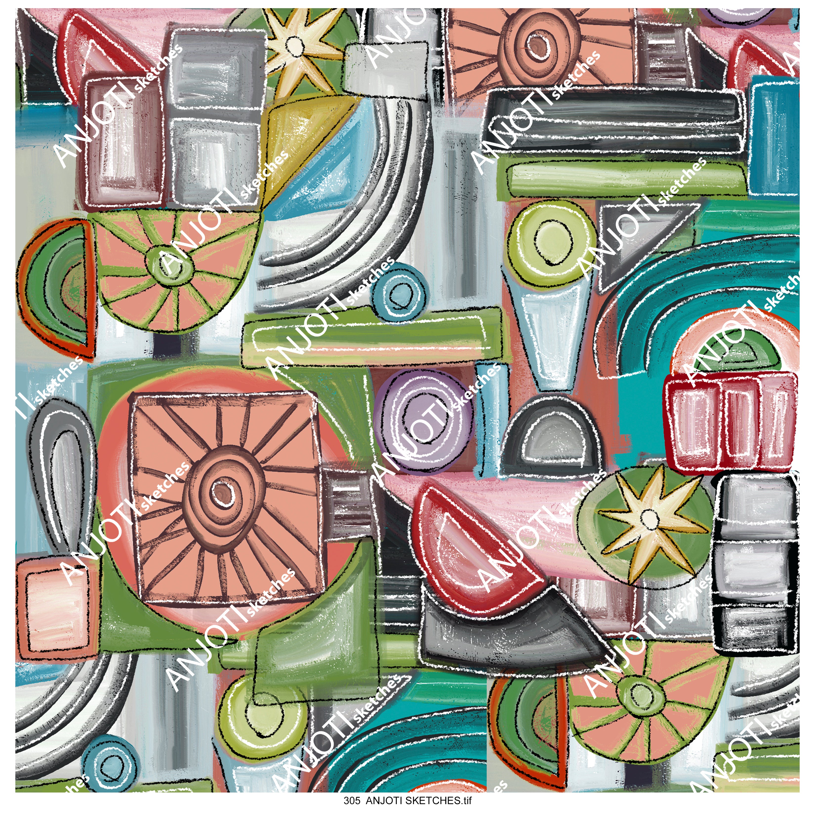 ANJOTI SKETCHES 305 Abstract brush strokes art motif Geometrical allover wallpaper pattern illustration in multicoloured shades effect texture art work and prints