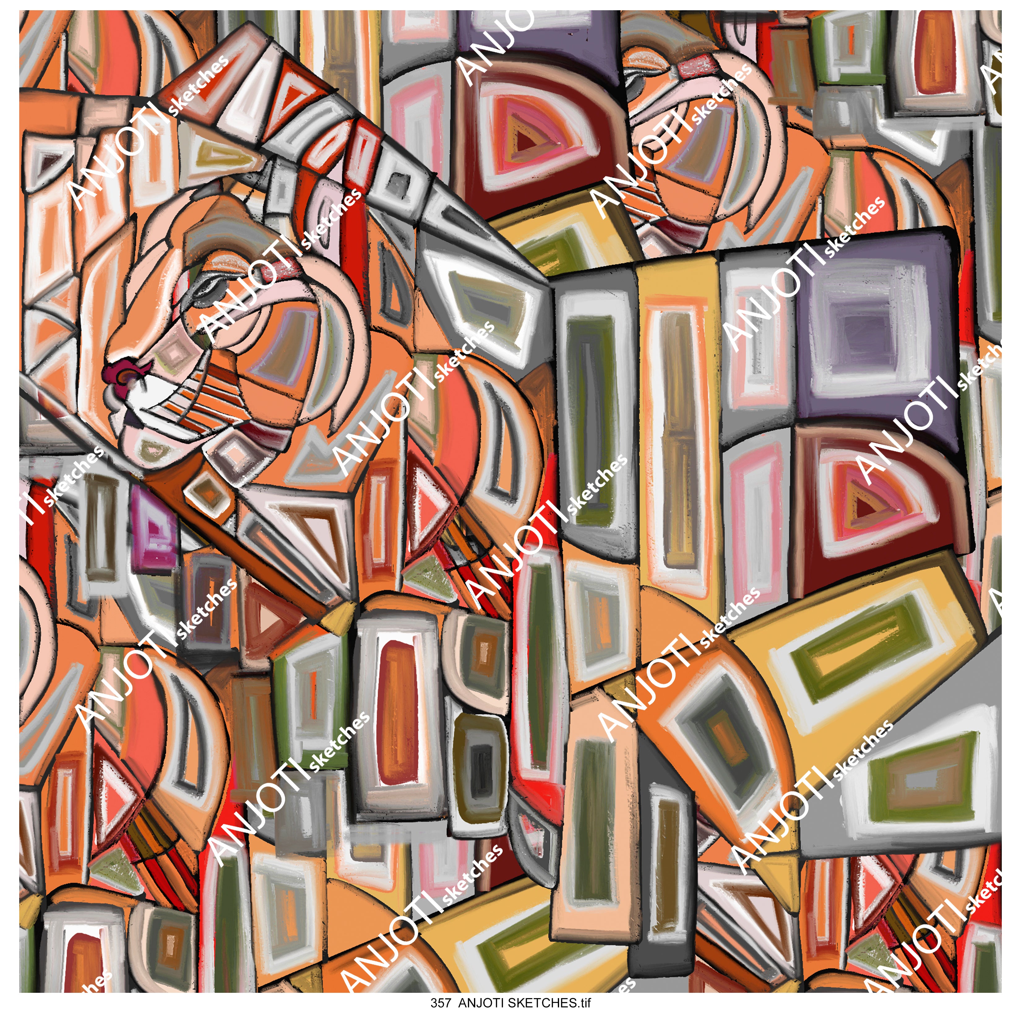 ANJOTI SKETCHES 357 Floral Abstract Wall Art with Multicolor Geometric Texture Background Effects