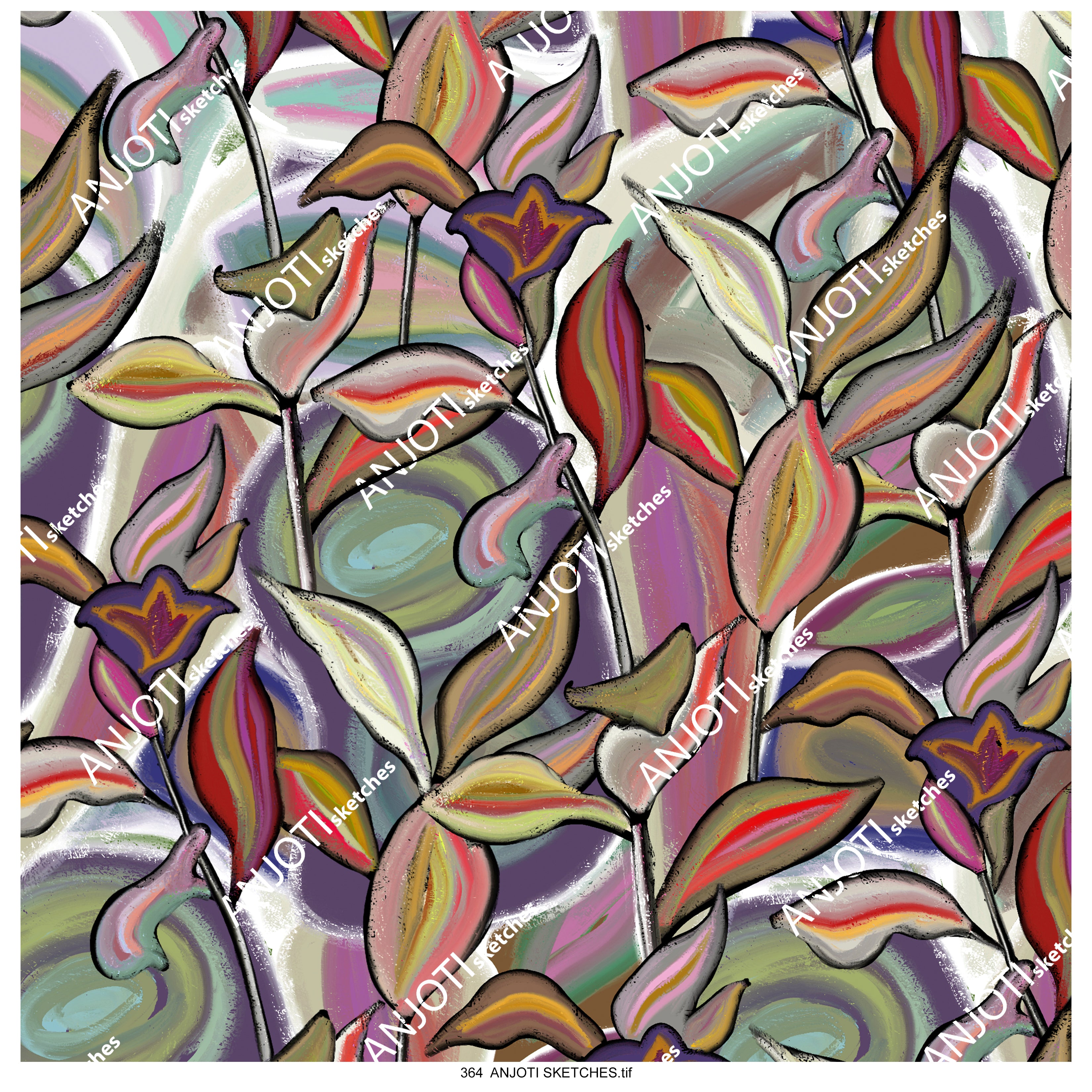 ANJOTI SKETCHES 364 Vibrant Floral Geometric Abstract Wall Art with Unique Texture Background Effects