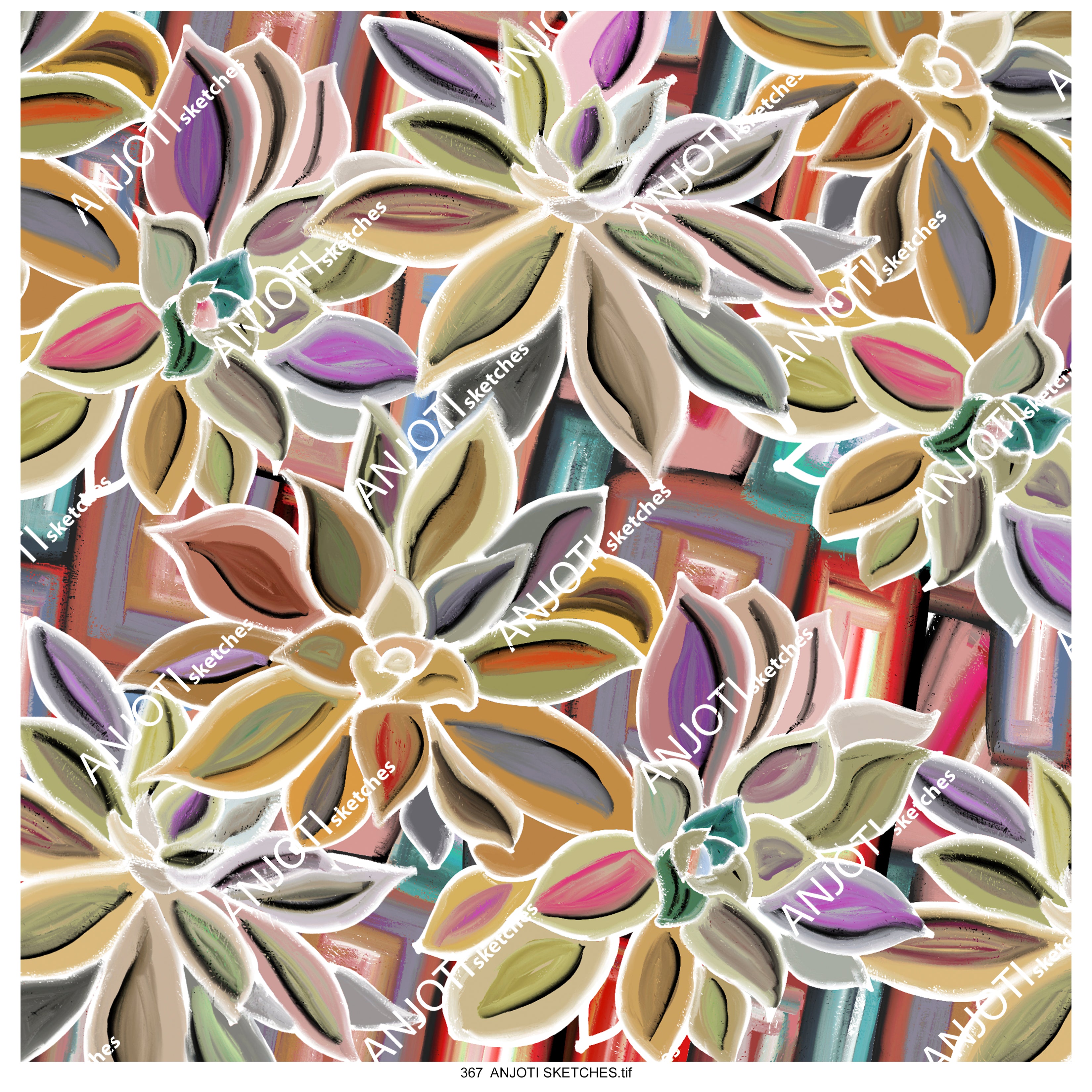 ANJOTI SKETCHES 367 Multicolor Texture Background Abstract Wall Art with Floral and Geometric Designs