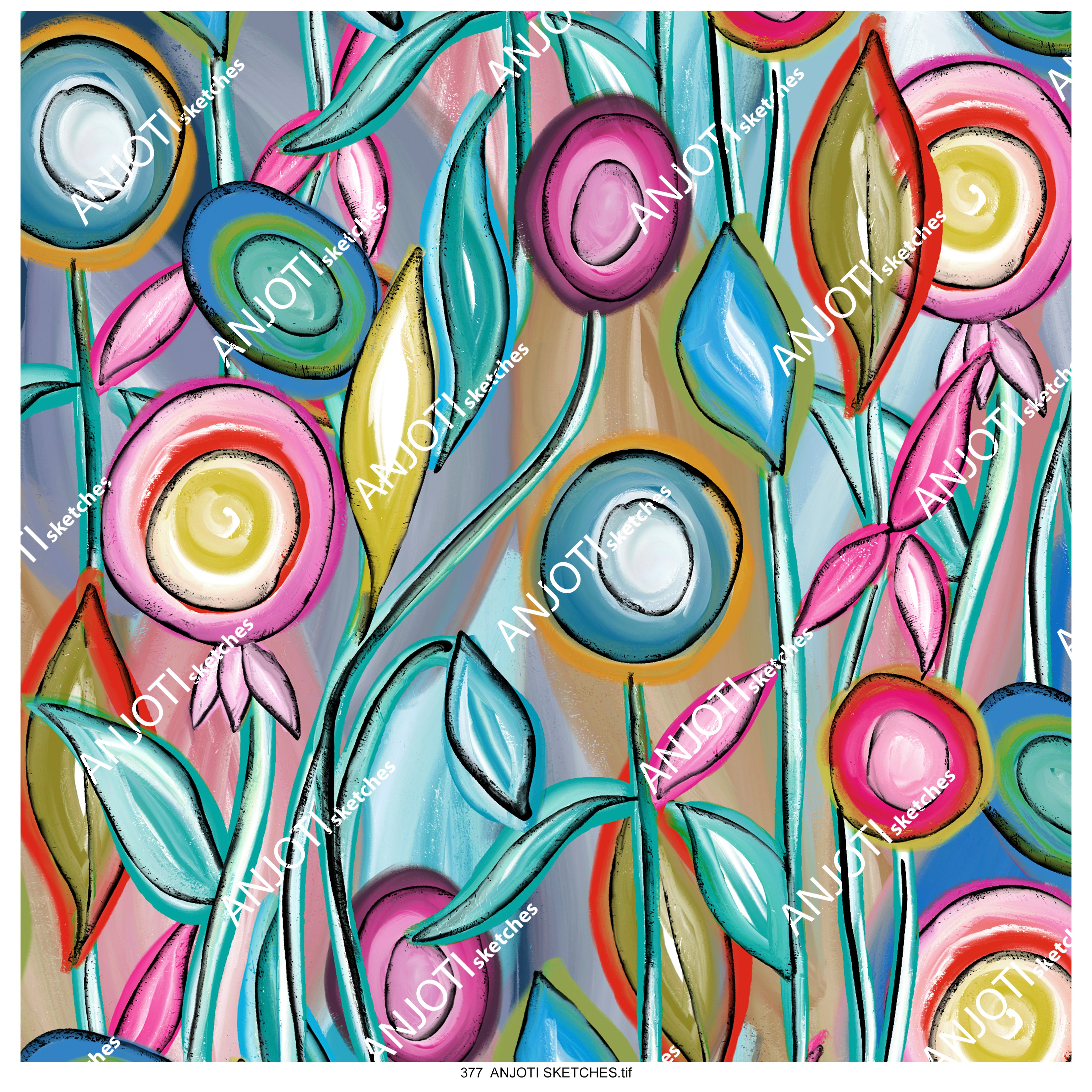 ANJOTI SKETCHES 377 Modern Floral Geometric Abstract Wall Art with Vibrant Texture Backgrounds