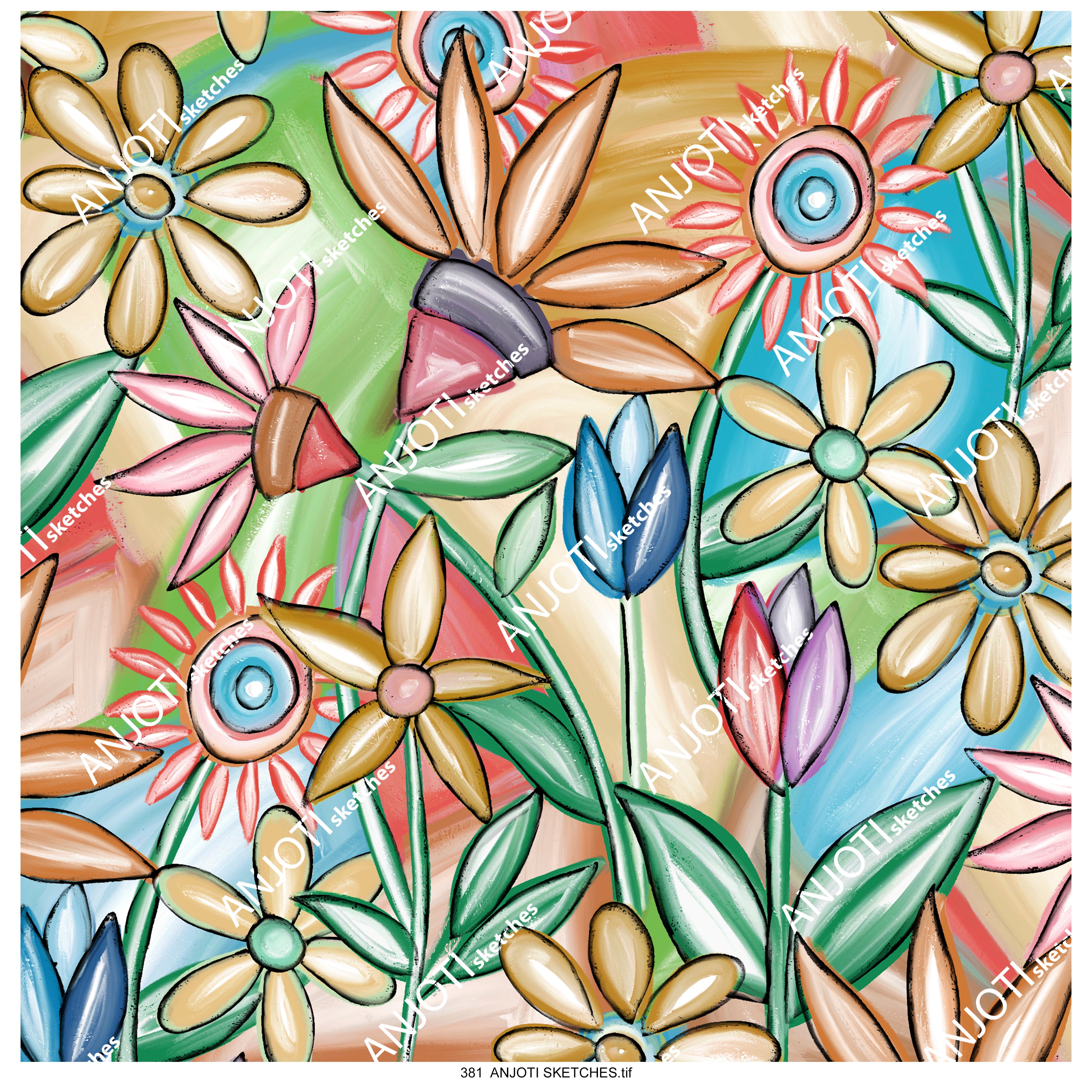 ANJOTI SKETCHES 381_Floral and Geometric Abstract Wall Art with Bright Multicolor Texture Effects