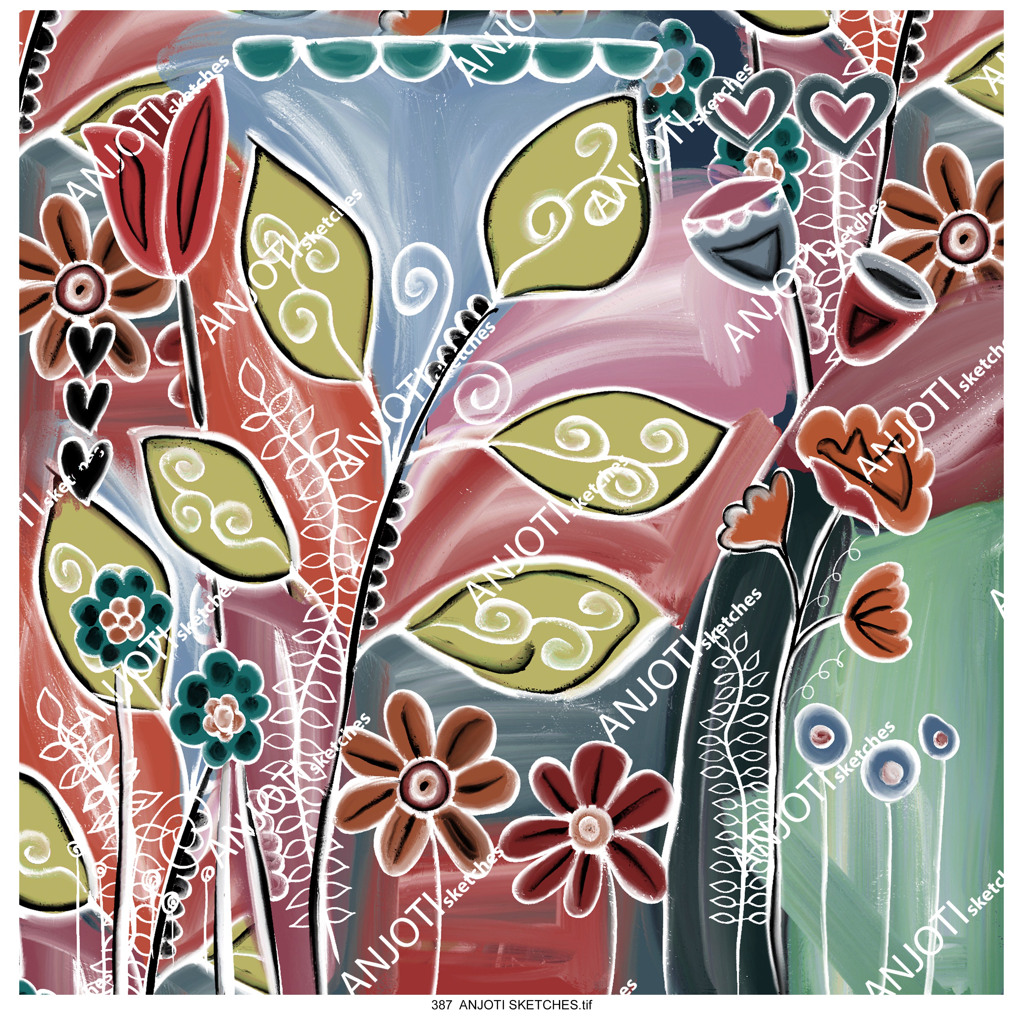 ANJOTI SKETCHES 387_Modern Floral Geometric Abstract Wall Art with Stunning Textures