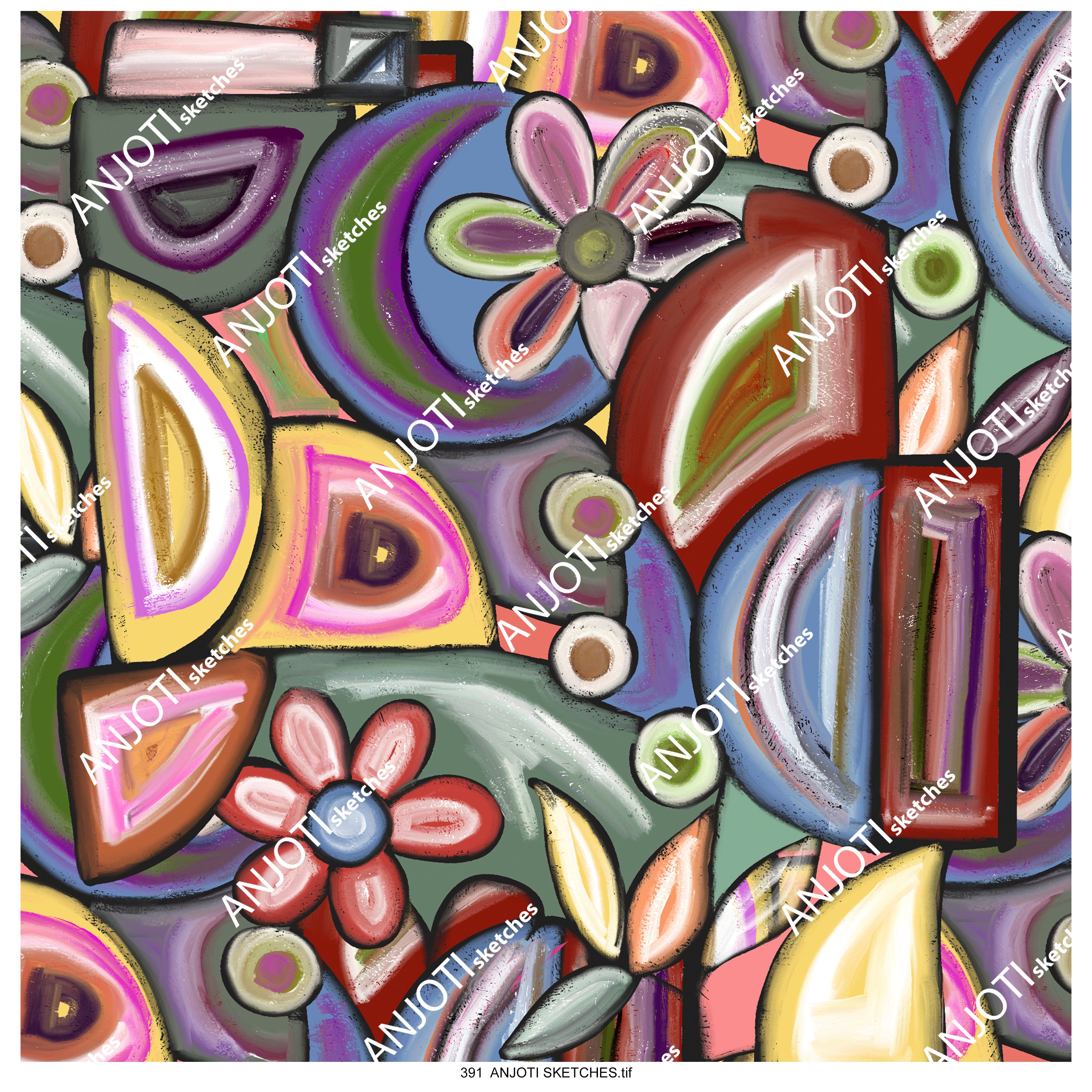 ANJOTI SKETCHES 391_Multicolor Floral Geometric Texture Backgrounds in Abstract Wall Art