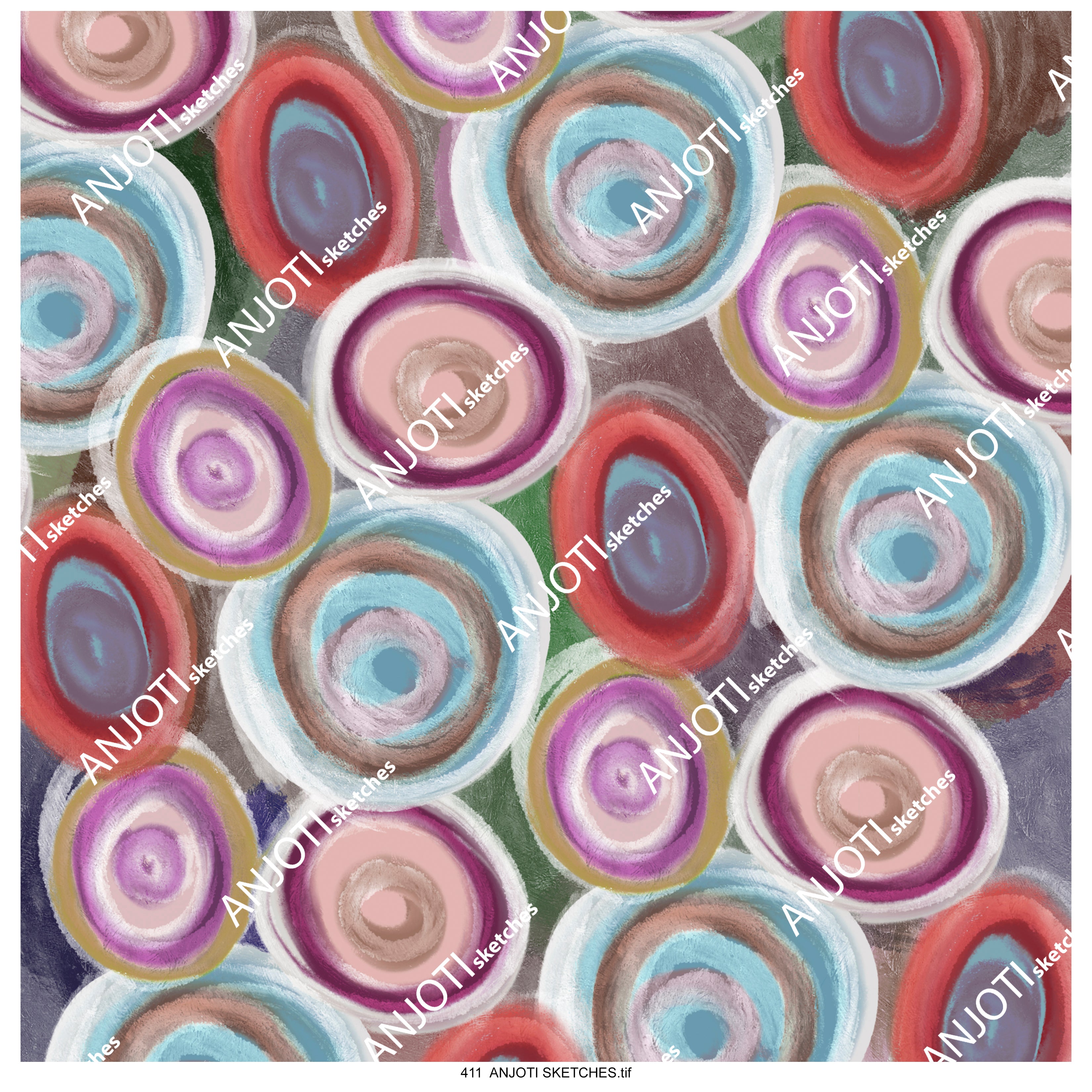 Pattern of colorful circles with 'ANJOTI Sketches' branding.