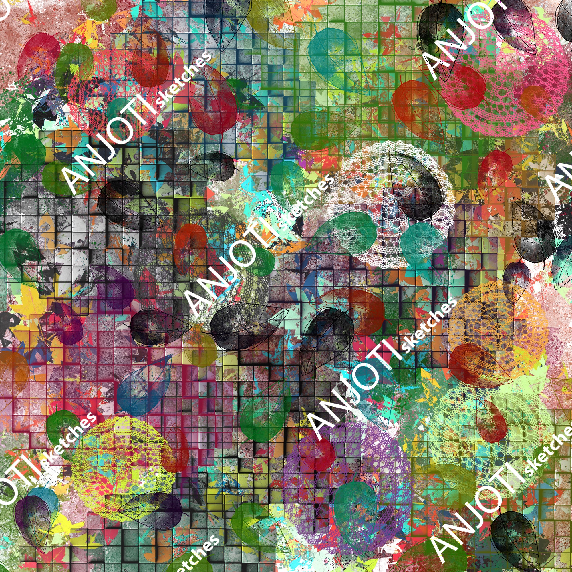 ANJOTI_SKETCHES_764_Vibrant Floral Geometric Abstract Wall Art with Unique Texture Background Effects