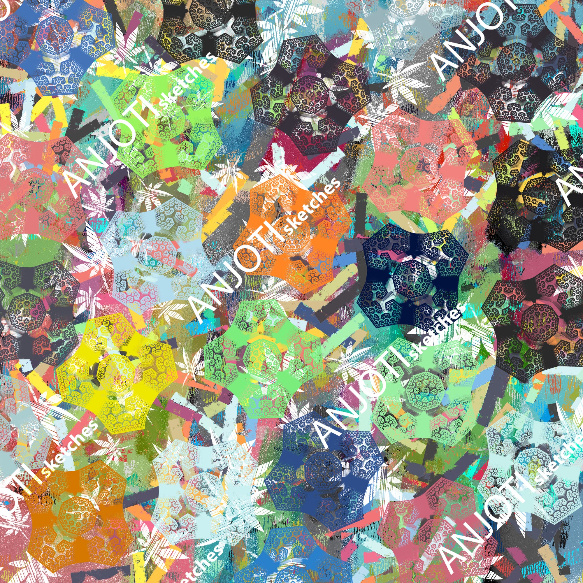 ANJOTI_SKETCHES_781_Floral and Geometric Abstract Wall Art with Bright Multicolor Texture Effects