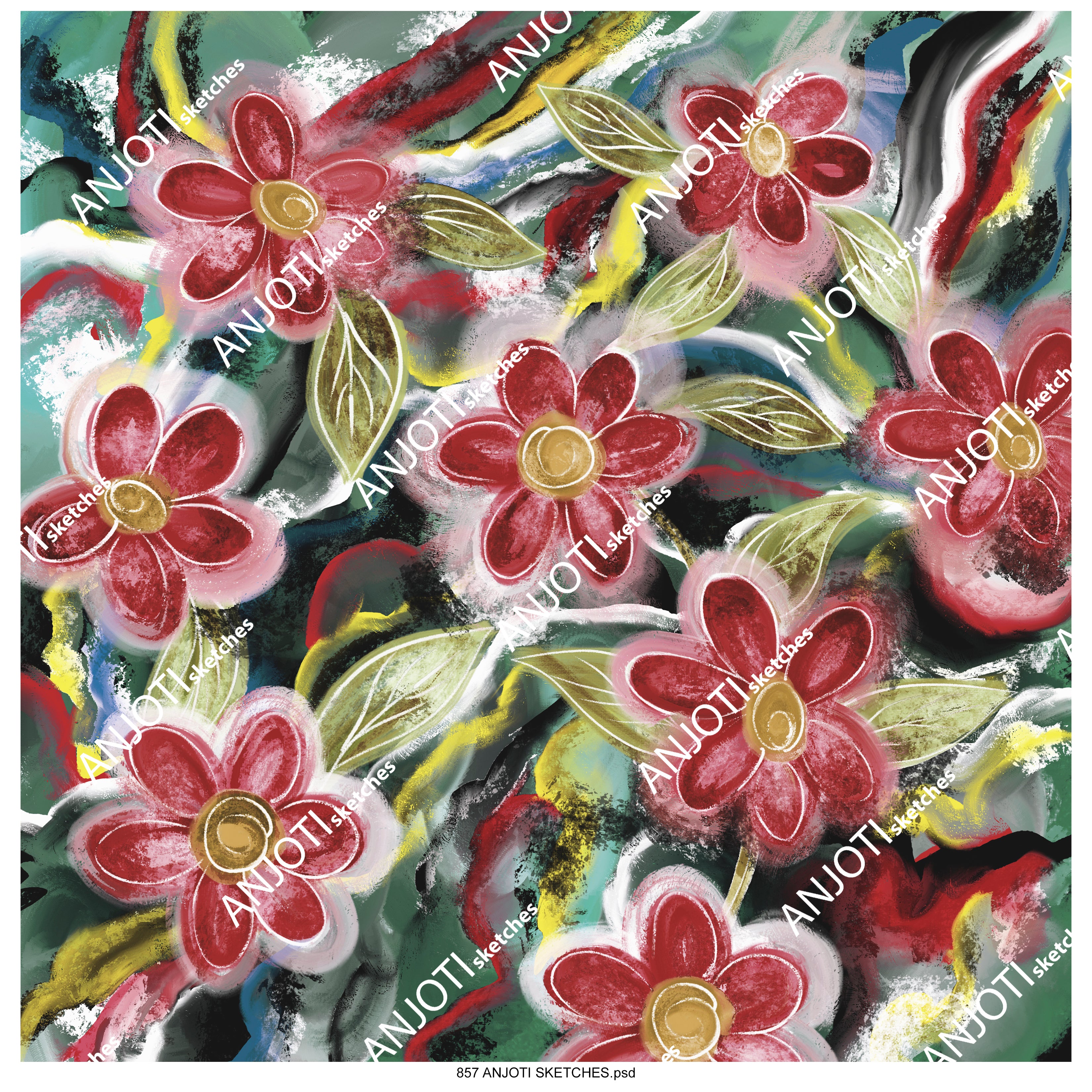 ANJOTI_SKETCHES_857_Floral Abstract Wall Art with Multicolor Geometric Texture Background Effects