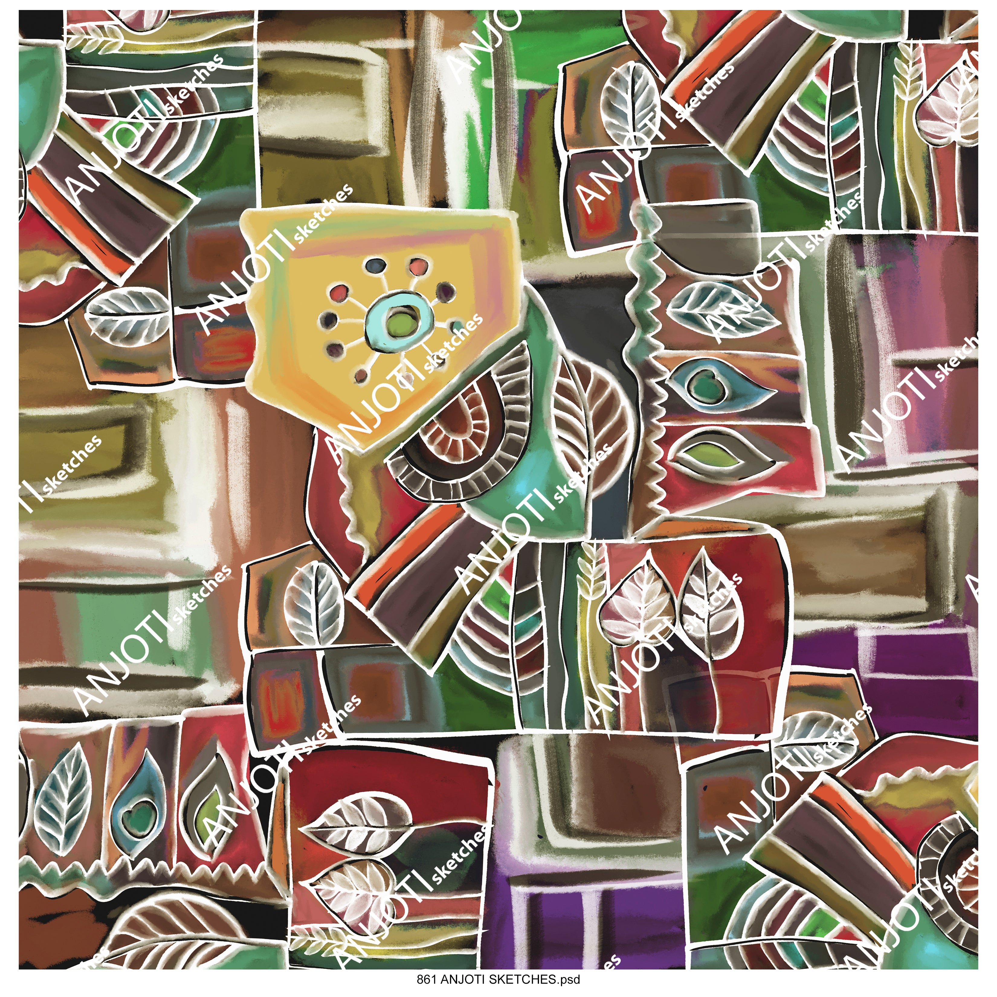 ANJOTI_SKETCHES_861_Bold Multicolor Texture Effects in Floral and Geometric Abstract Wall Art Designs