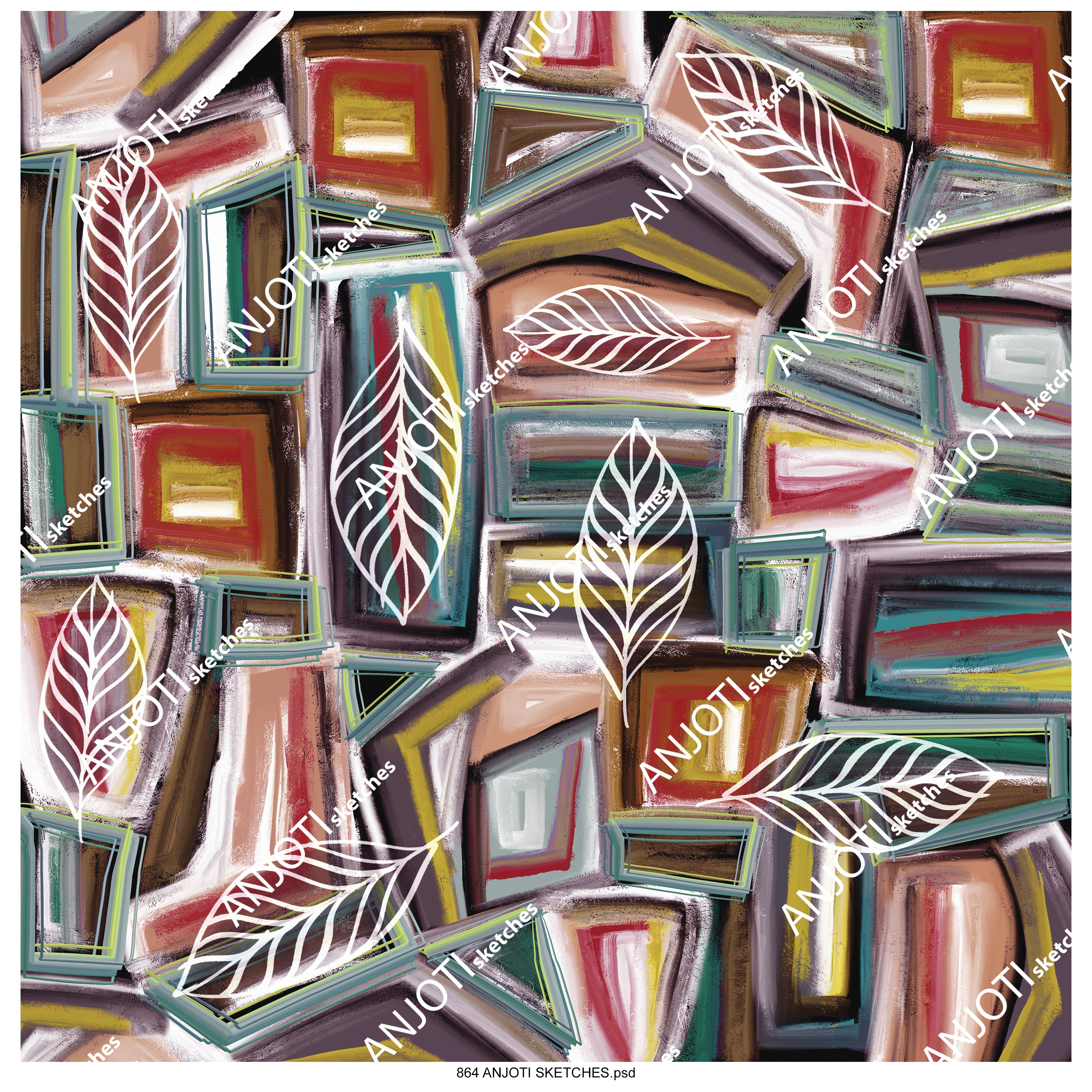 ANJOTI_SKETCHES_864_Vibrant Floral Geometric Abstract Wall Art with Unique Texture Background Effects