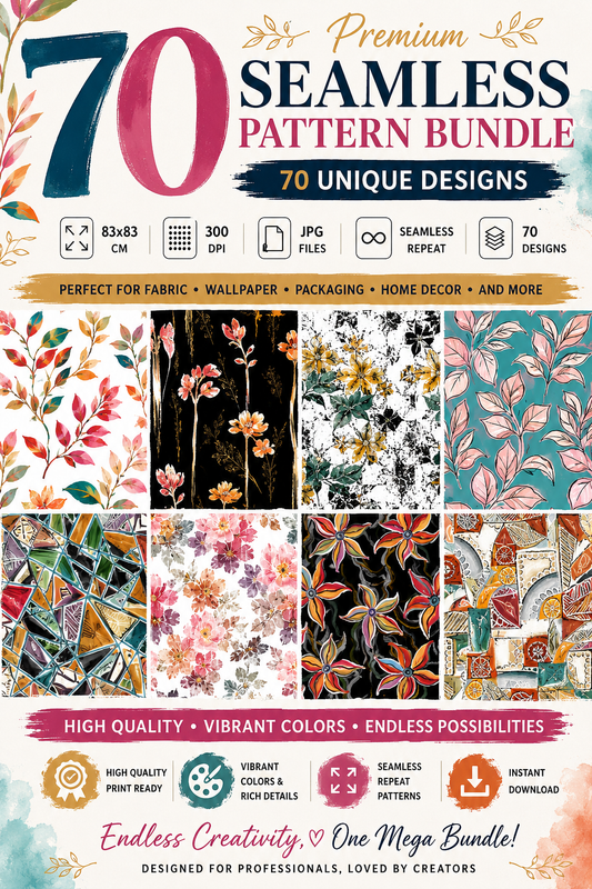 02 | 70 Premium Seamless Pattern Bundle featuring modern abstract, floral, geometric, artistic and watercolor surface designs for commercial and personal use.