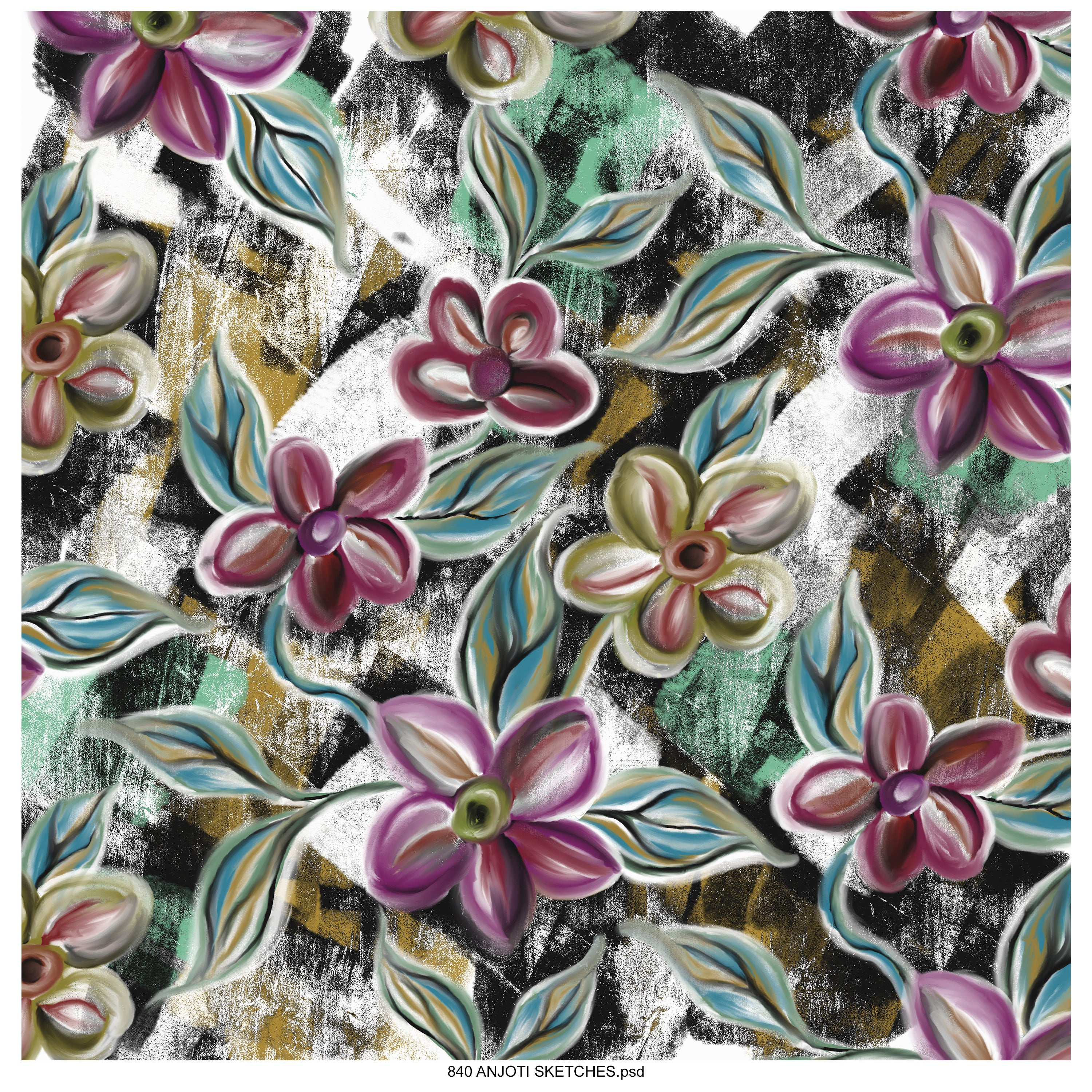 AnjotiSketches 02_New Summer floral watercolors surface pattern art allover illustration motifs in multicoloured textures effects design  for pillow purses and wallpaper