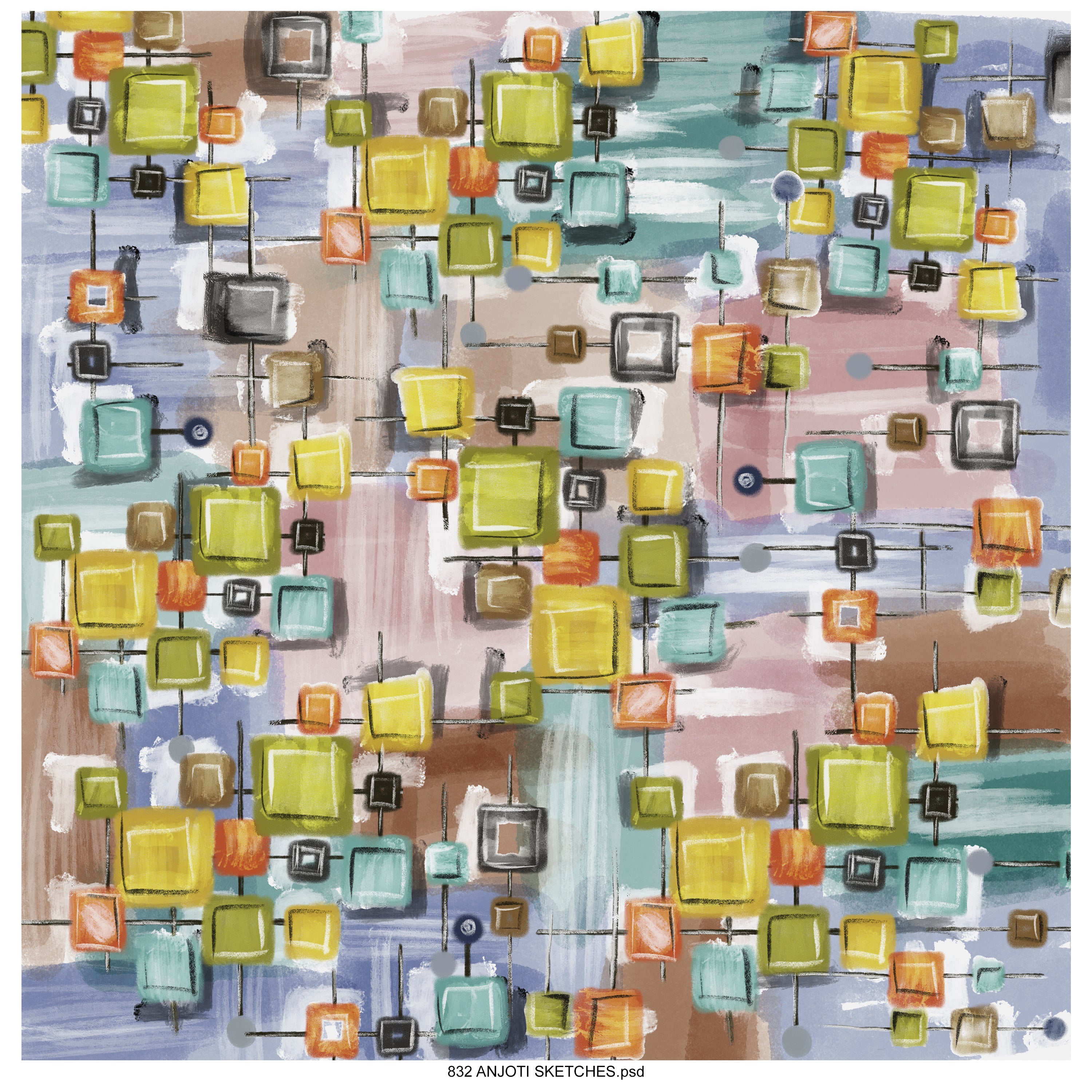 AnjotiSketches 05_ Summer Square wave  Abstract geometrical surfaces pattern print motifs wallpaper  collection and geometrical used,  tshirts fancy pattern work illustration in bright multicolored