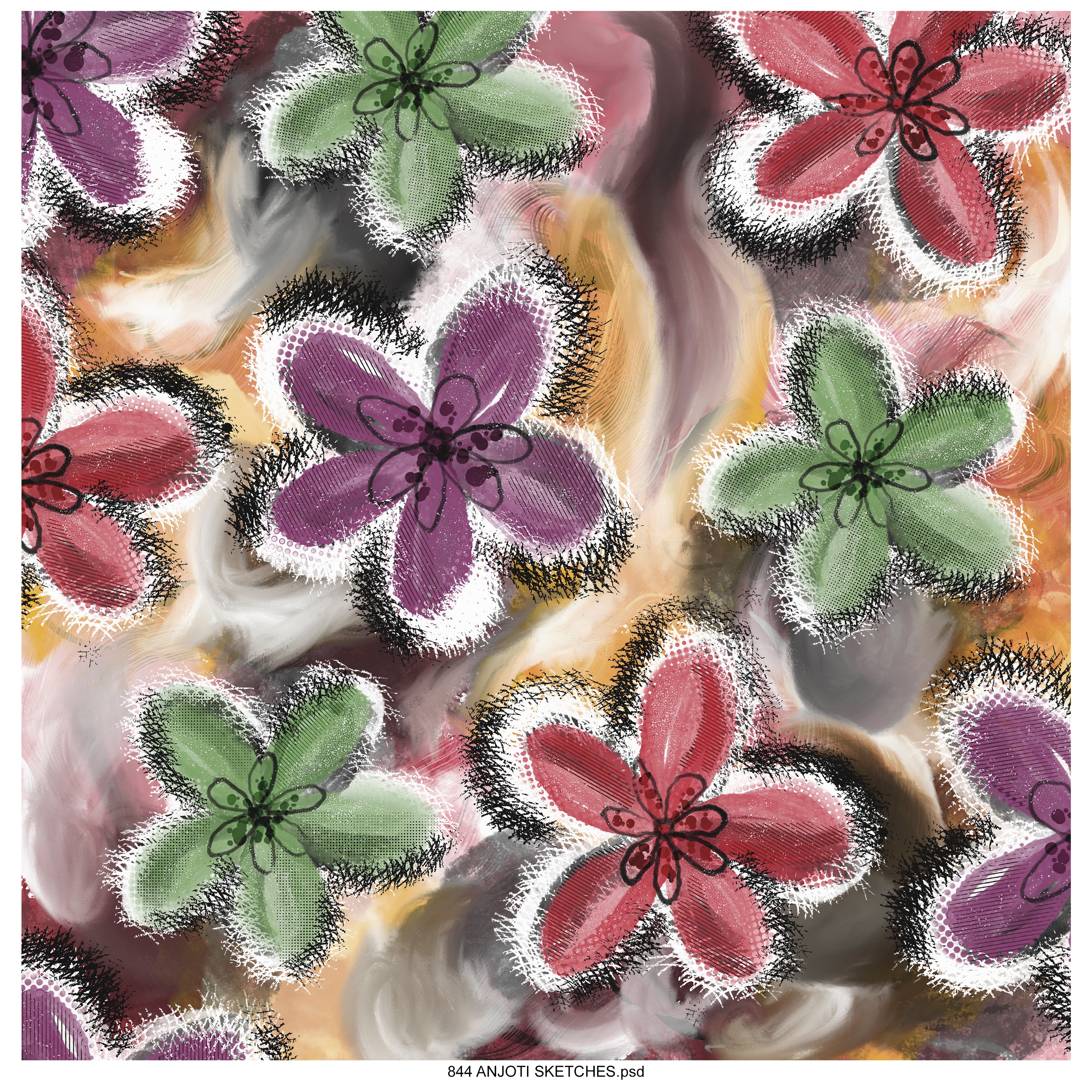 AnjotiSketches 02_New Summer floral watercolors surface pattern art allover illustration motifs in multicoloured textures effects design  for pillow purses and wallpaper