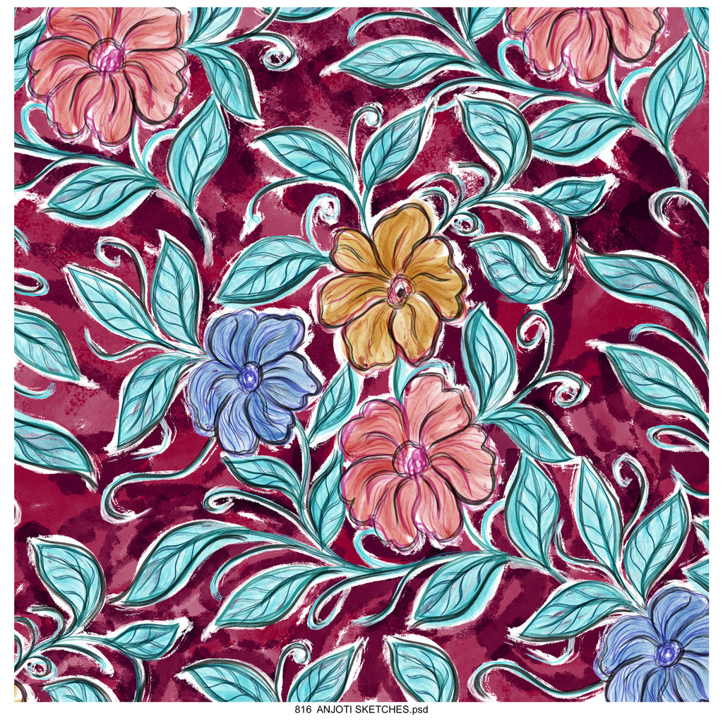 AnjotiSketches 08_New Summer floral watercolors surface pattern art allover illustration motifs in multicoloured textures effects design  for pillow purses and wallpaper