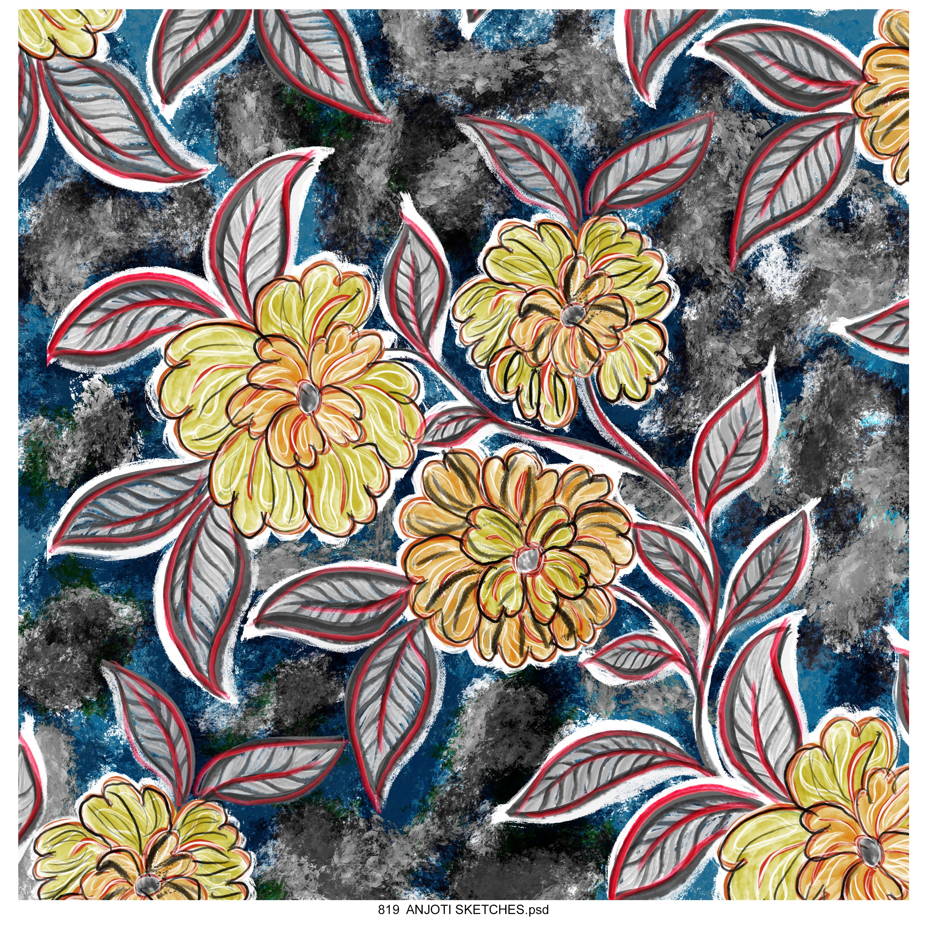 AnjotiSketches 08_New Summer floral watercolors surface pattern art allover illustration motifs in multicoloured textures effects design  for pillow purses and wallpaper